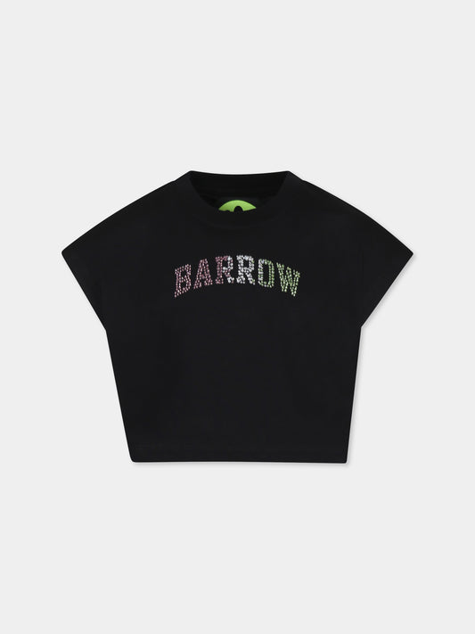 T-shirt crop nera per bambina con logo e strass,Barrow,S5BKJGTH111 110