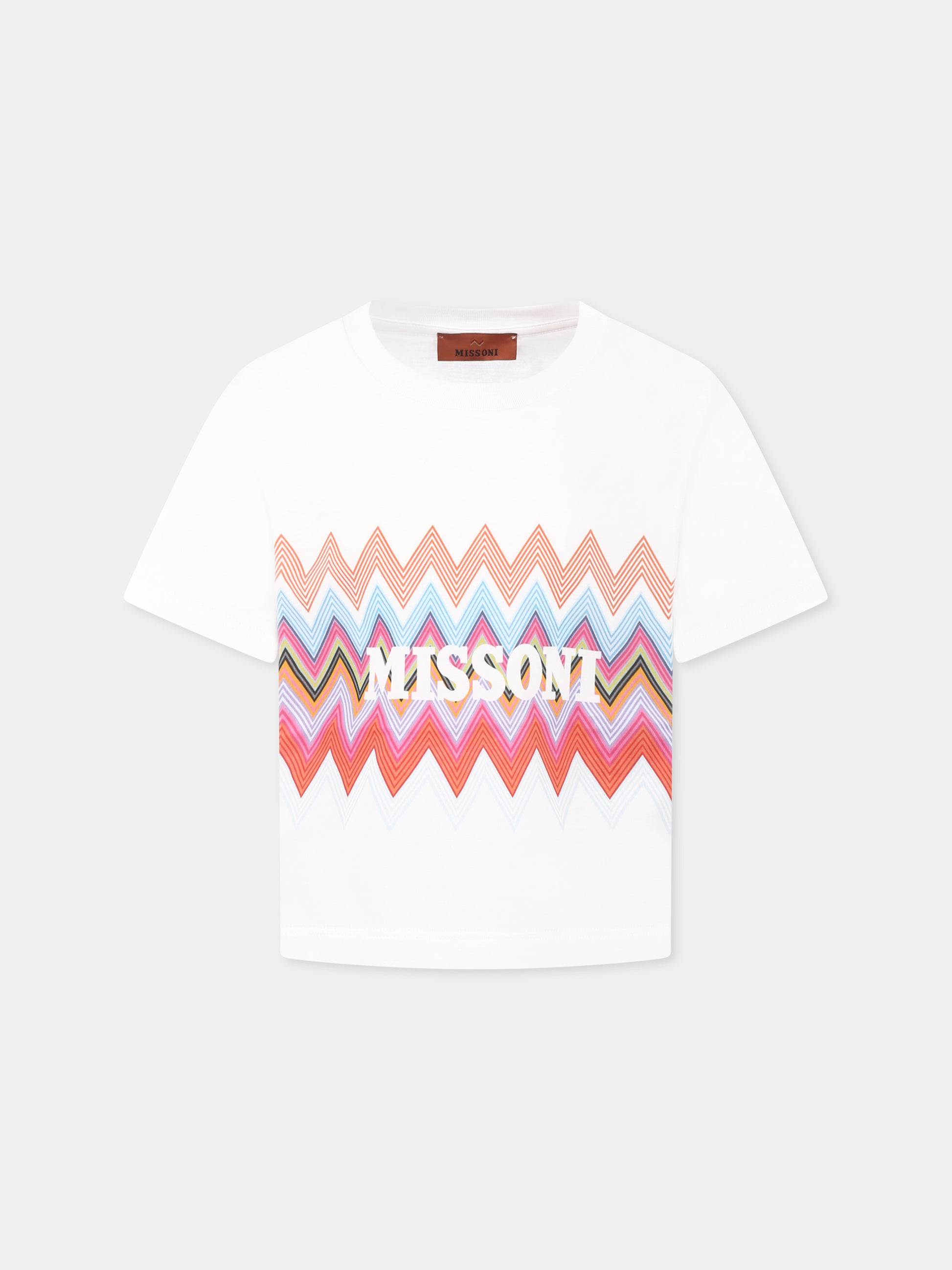 T-shirt bianca per bambina con logo e motivo chevron,Missoni,MW8A91 J0177 100MC