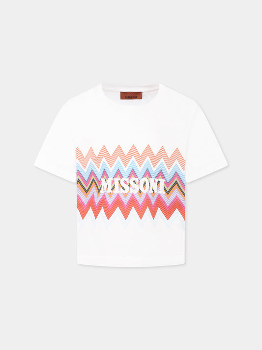 T-shirt bianca per bambina con logo e motivo chevron,Missoni,MW8A91 J0177 100MC