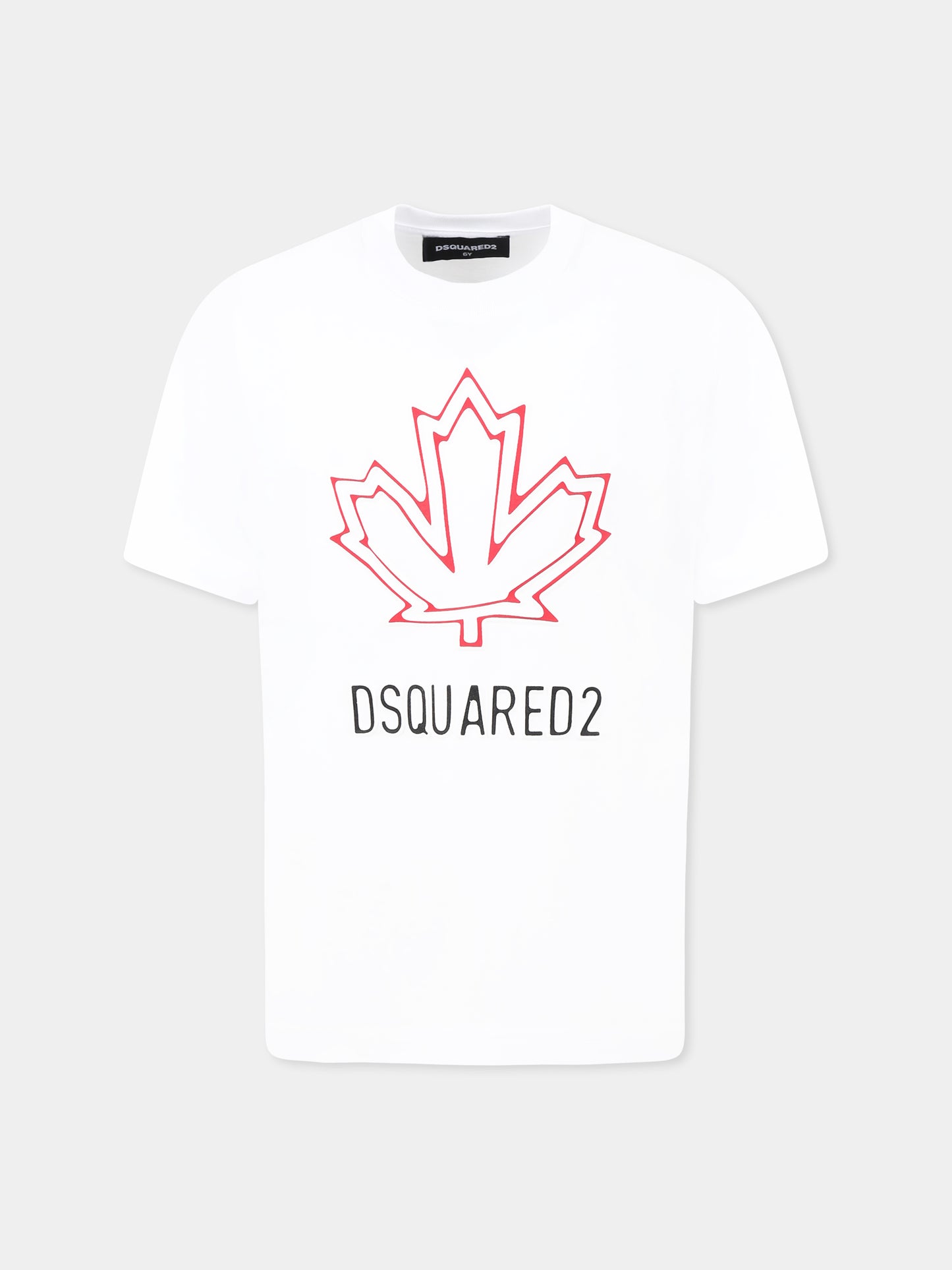 T-shirt bianca per bambino con iconica foglia d'acero e logo,Dsquared2,DQ2770 D0015 D2T1134U DQ100
