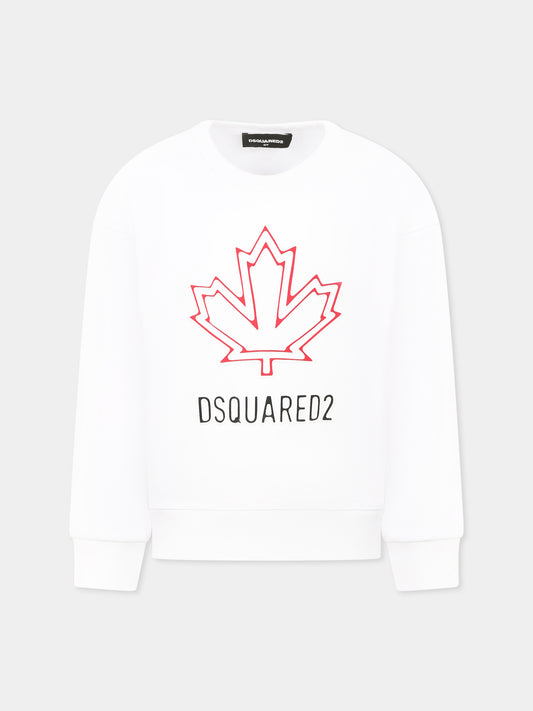 Felpa bianca per bambino con logo e foglia d'acero,Dsquared2,DQ2786 D0A9U D2S883U DQ100