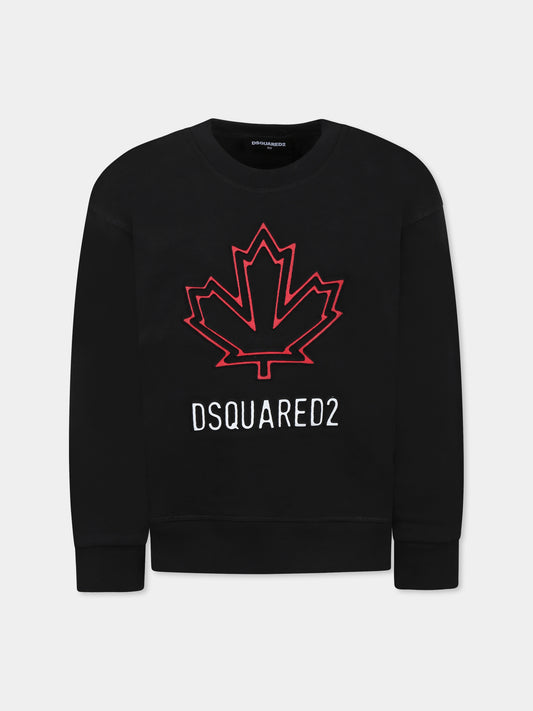 Felpa nera per bambino con logo e foglia d'acero,Dsquared2,DQ2786 D0A9U D2S883U DQ900