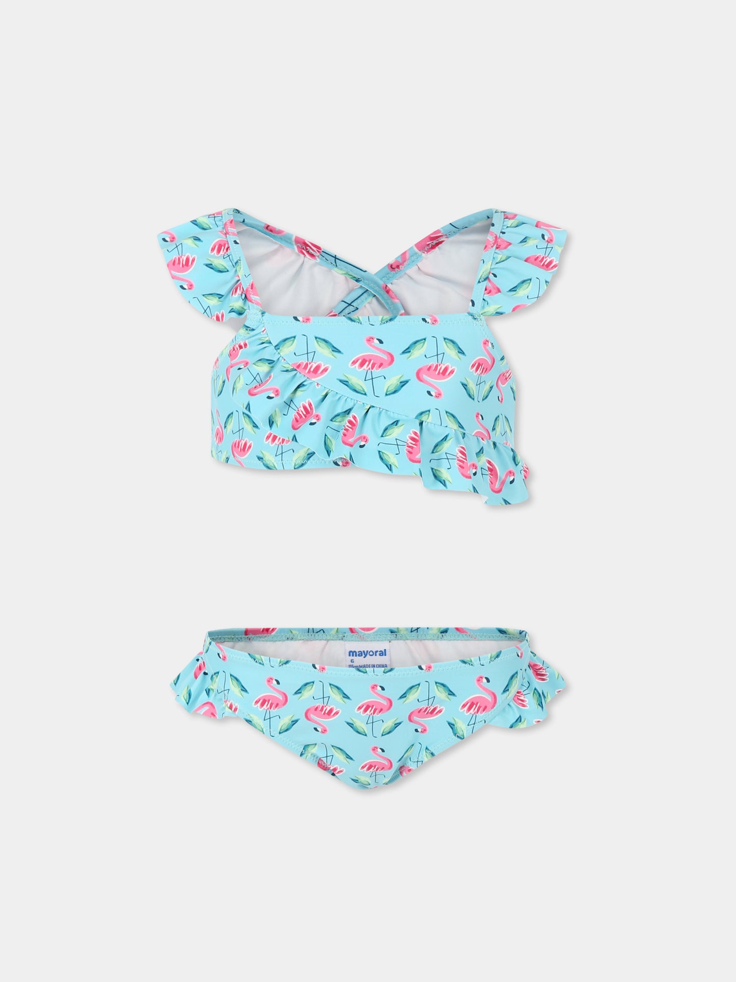 Light blue bikini for girl with flamingo