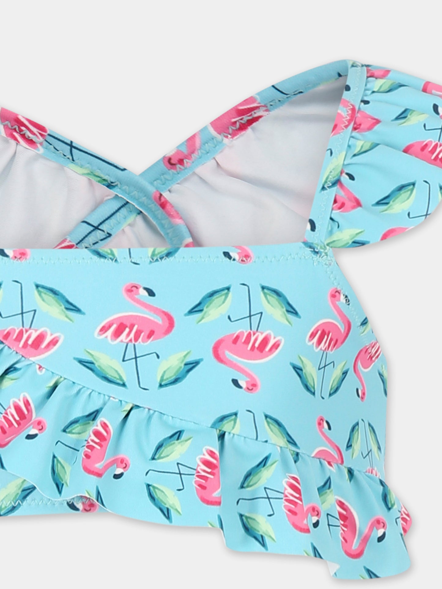 Light blue bikini for girl with flamingo