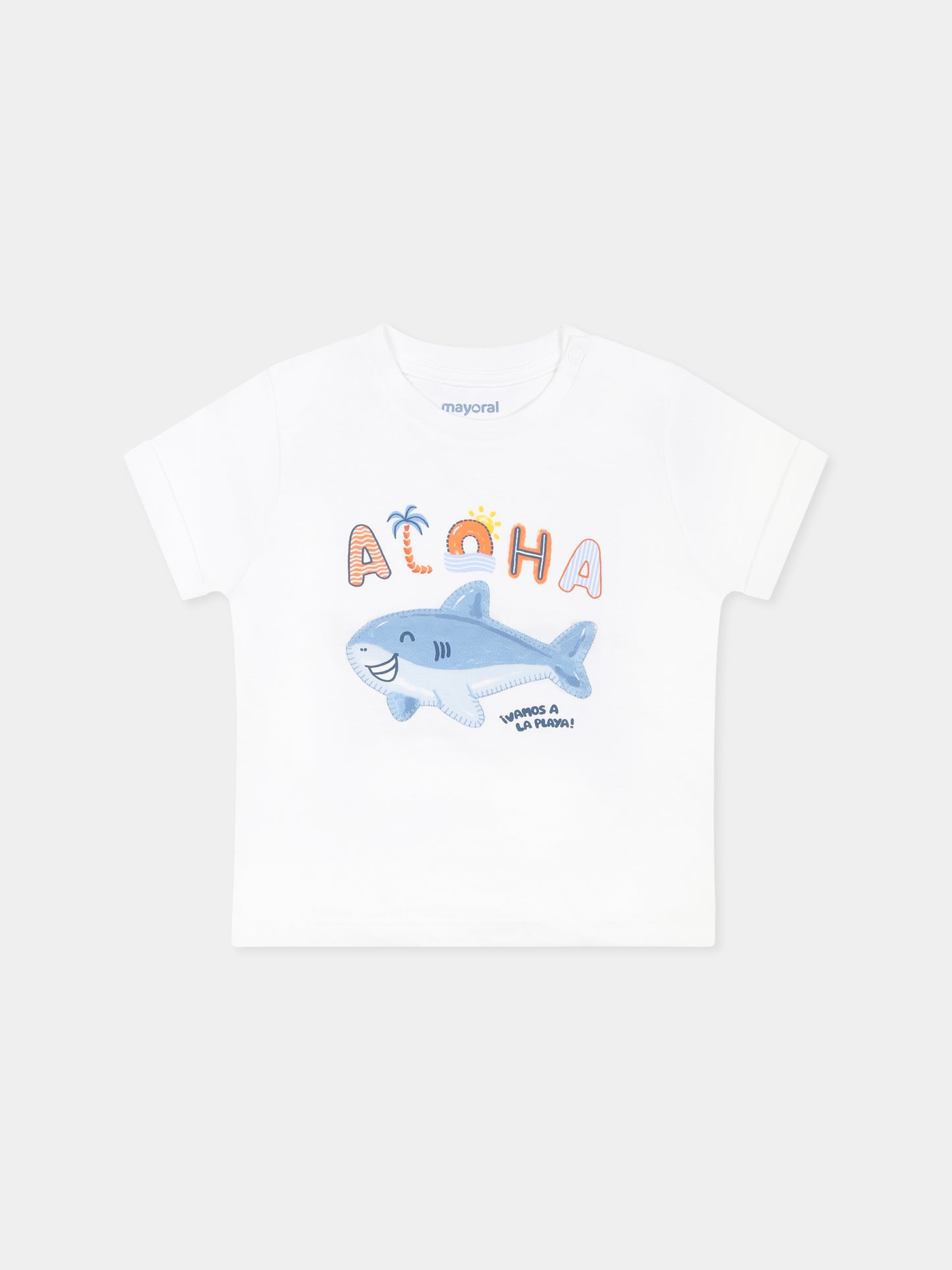 T-shirt bianca per neonato con stampa squalo e scritta,Mayoral,1066 056
