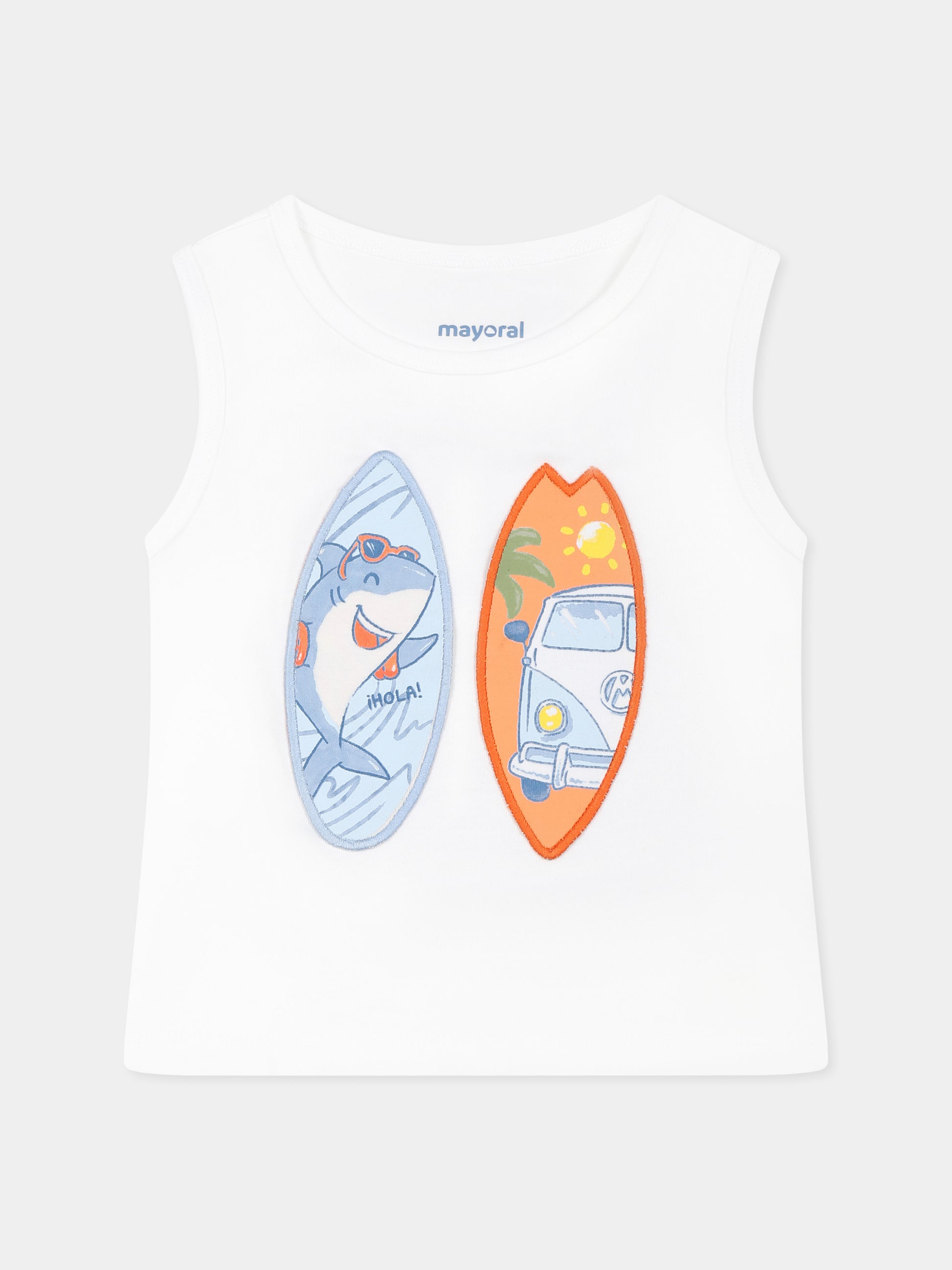 Canotta bianca per neonato con stampa squalo e patch,Mayoral,1069 068