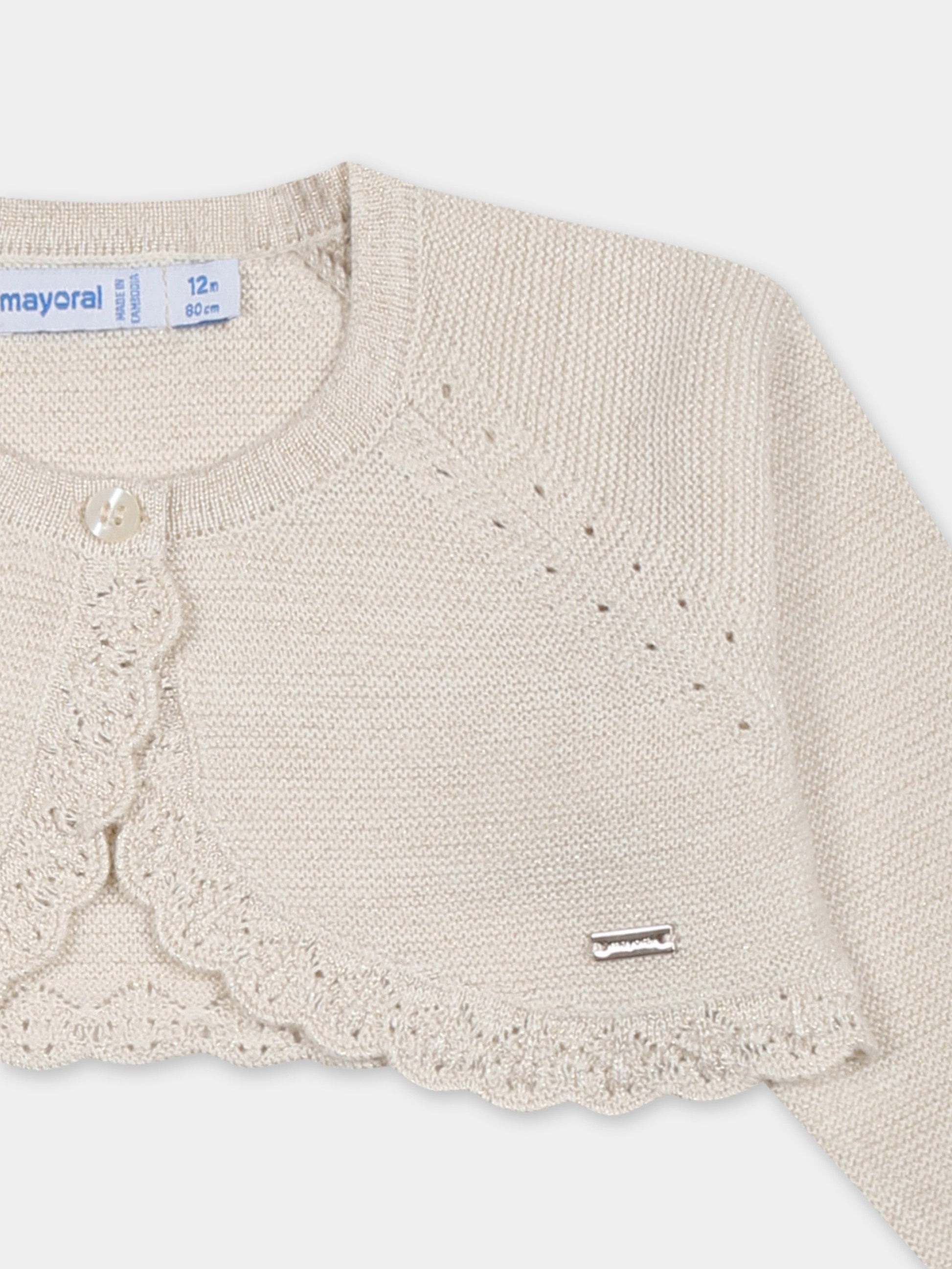 Cardigan beige per neonata con logo,Mayoral,306 044