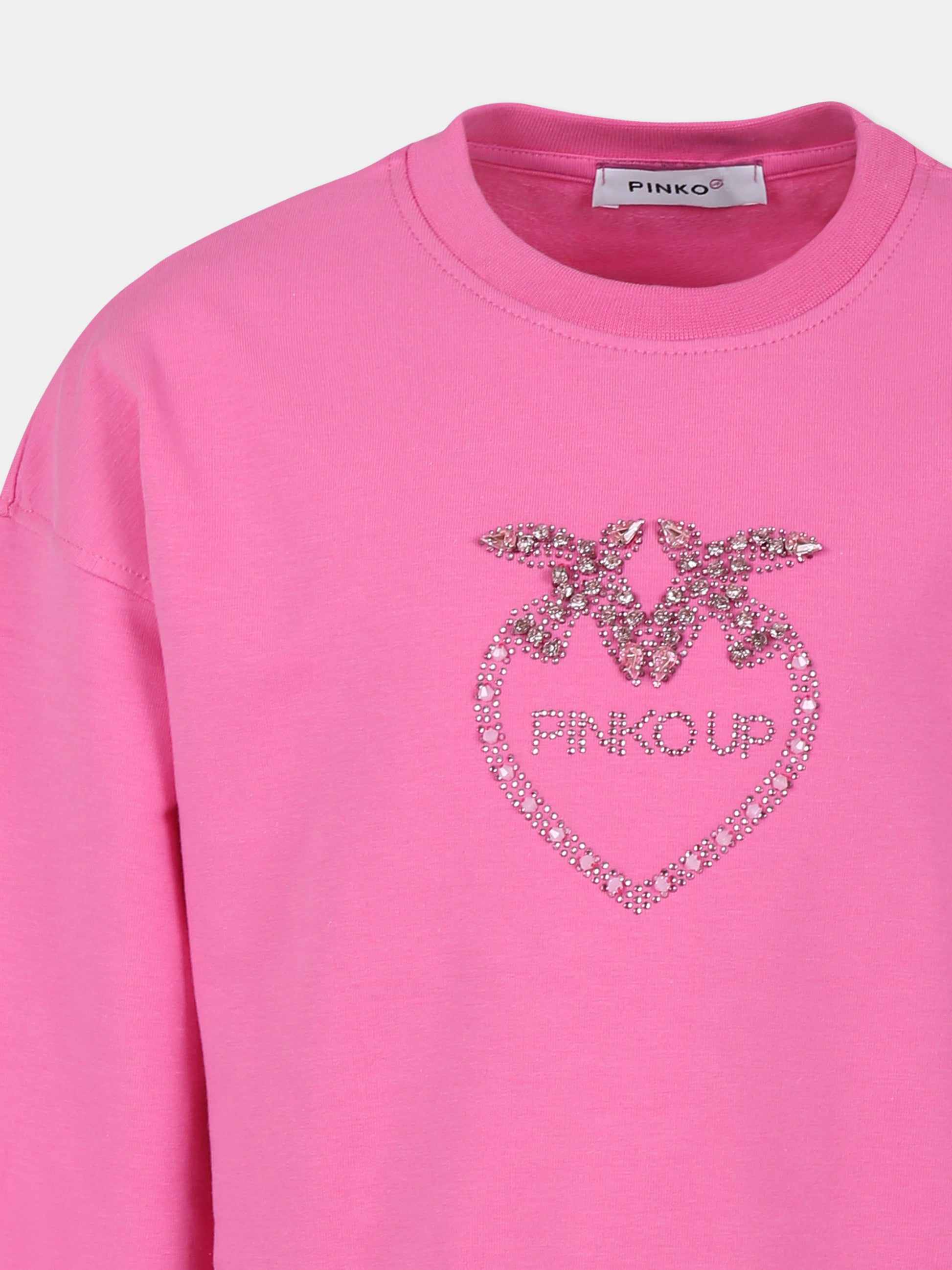 Felpa crop rosa per bambina con logo e strass,Pinko,S4PIBGSW133 045