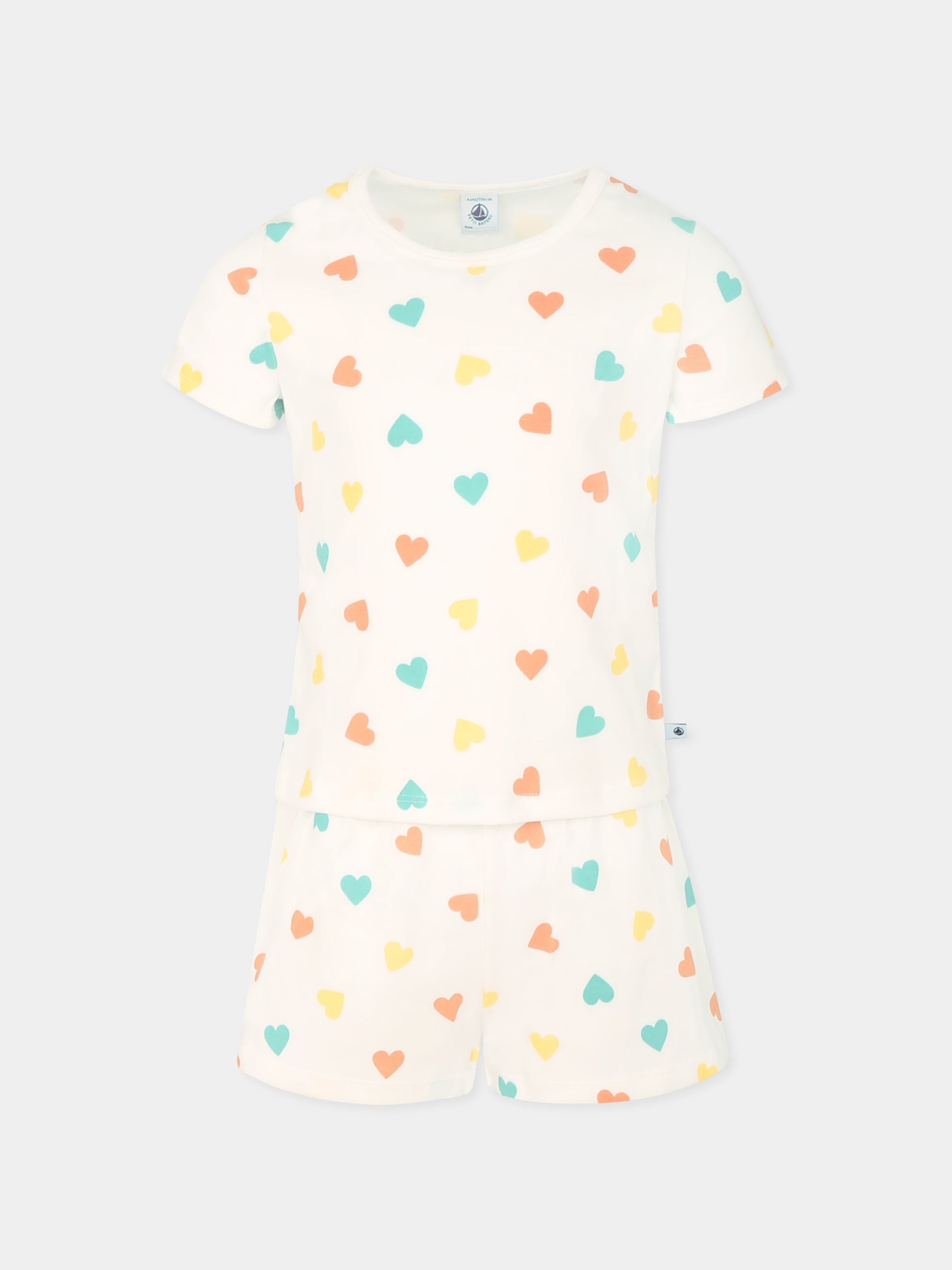 Pigiama bianco per bambina con cuori all over,Petit Bateau,A0CJZ MARSHMALLOW/MULTICO 01