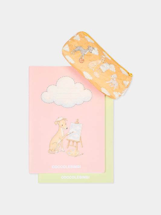 Set di 2 quaderni e astuccio con stampa cani