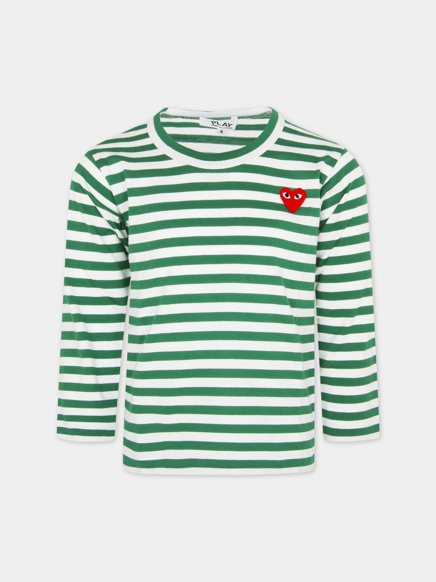 T-shirt rigata bianca e verde con cuore,Comme Des Garçons Play Kids,AZ-T663 P1T663 VERDE