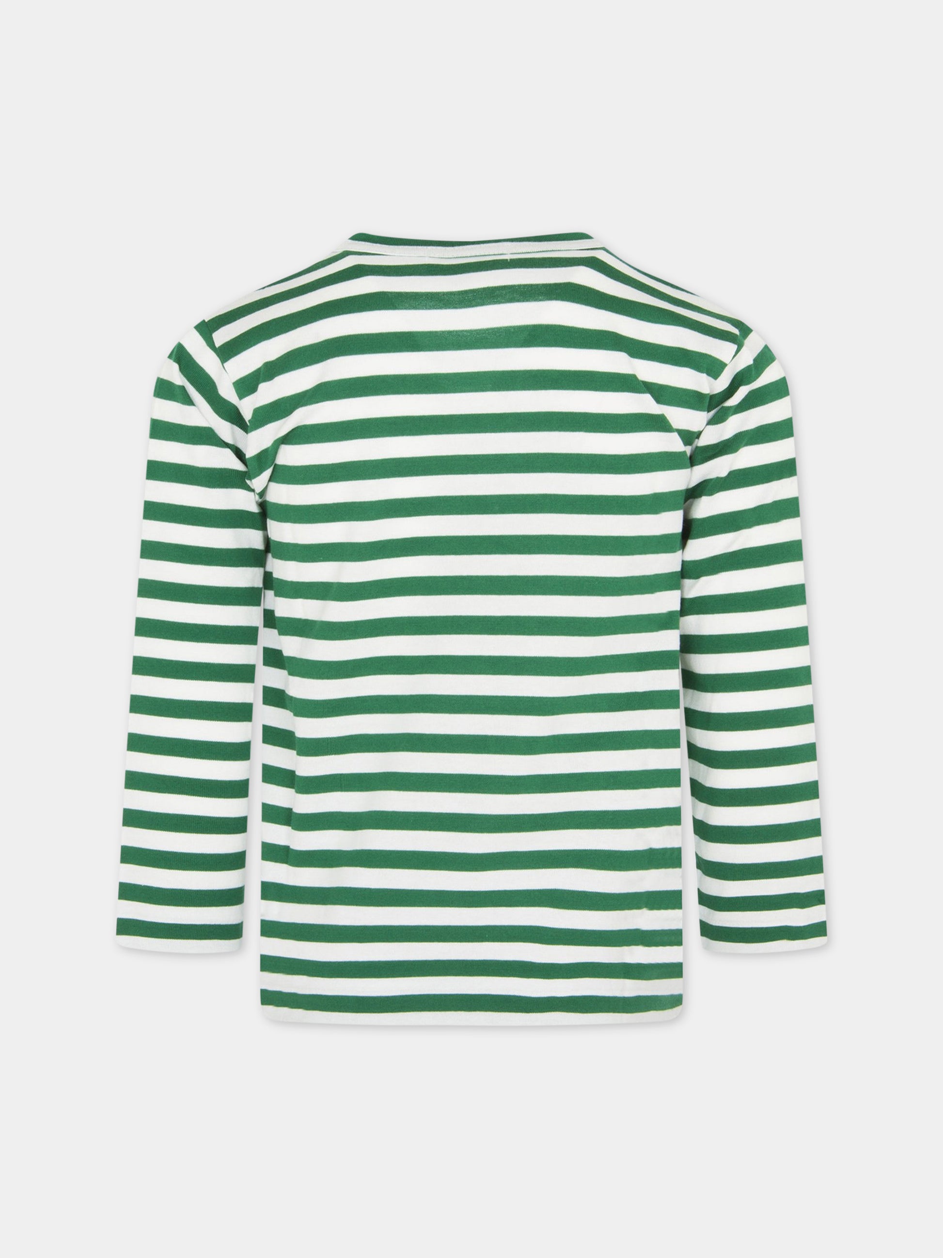 T-shirt rigata bianca e verde con cuore,Comme Des Garçons Play Kids,AZ-T663 P1T663 VERDE