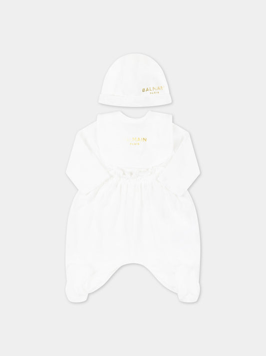 Set bianco per neonata con logo dorato,Balmain Kids,6Q8860 J0006 100