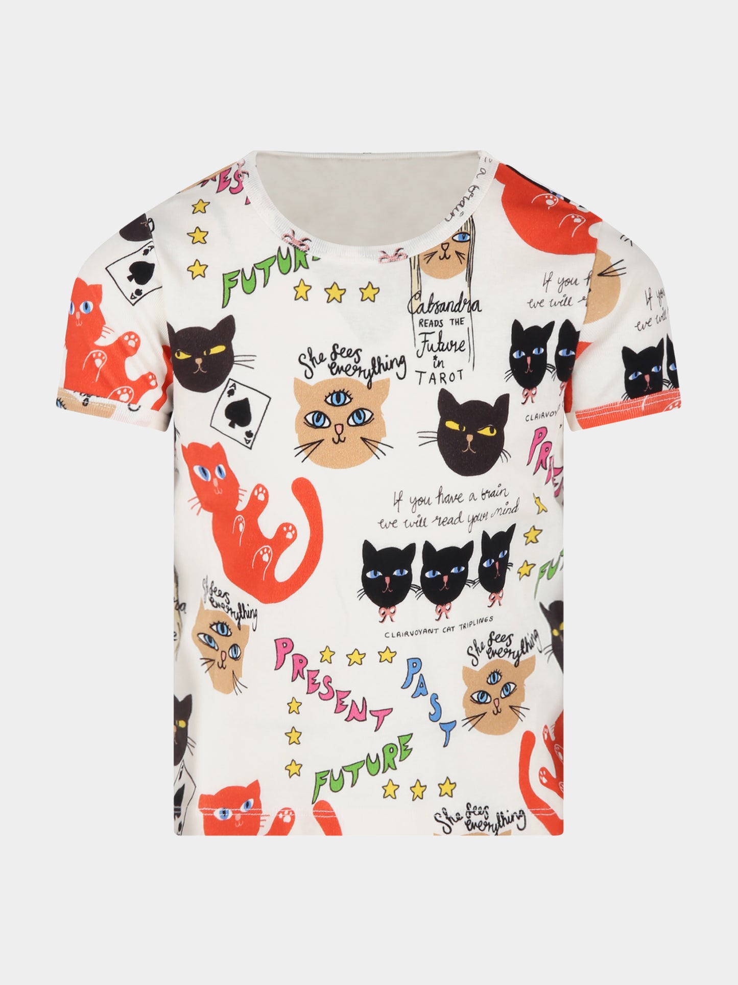 T-shirt avorio per bambini con stampa Clairvoyant Cats,Mini Rodini,2262011300