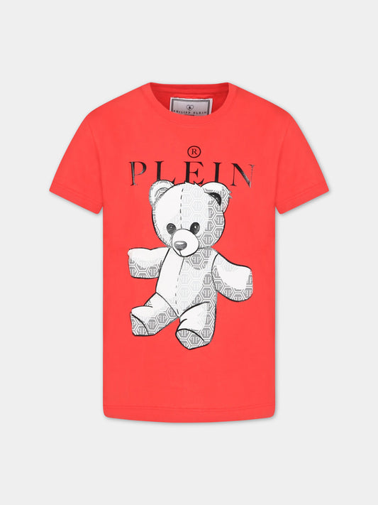 T-shirt rossa per bambino con stampa e logo,Philipp Plein Junior,2SM002 LAA23 50979