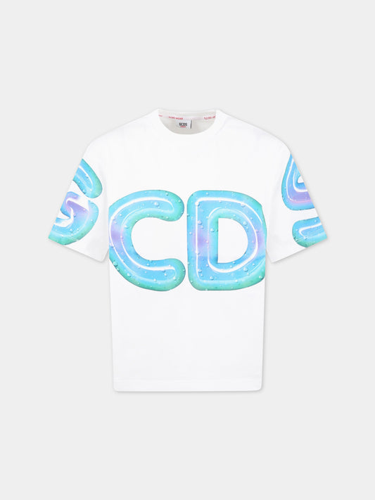 T-shirt bianca per bambino con logo multicolor,Gcds Kids,DRM002 LAA23 10101