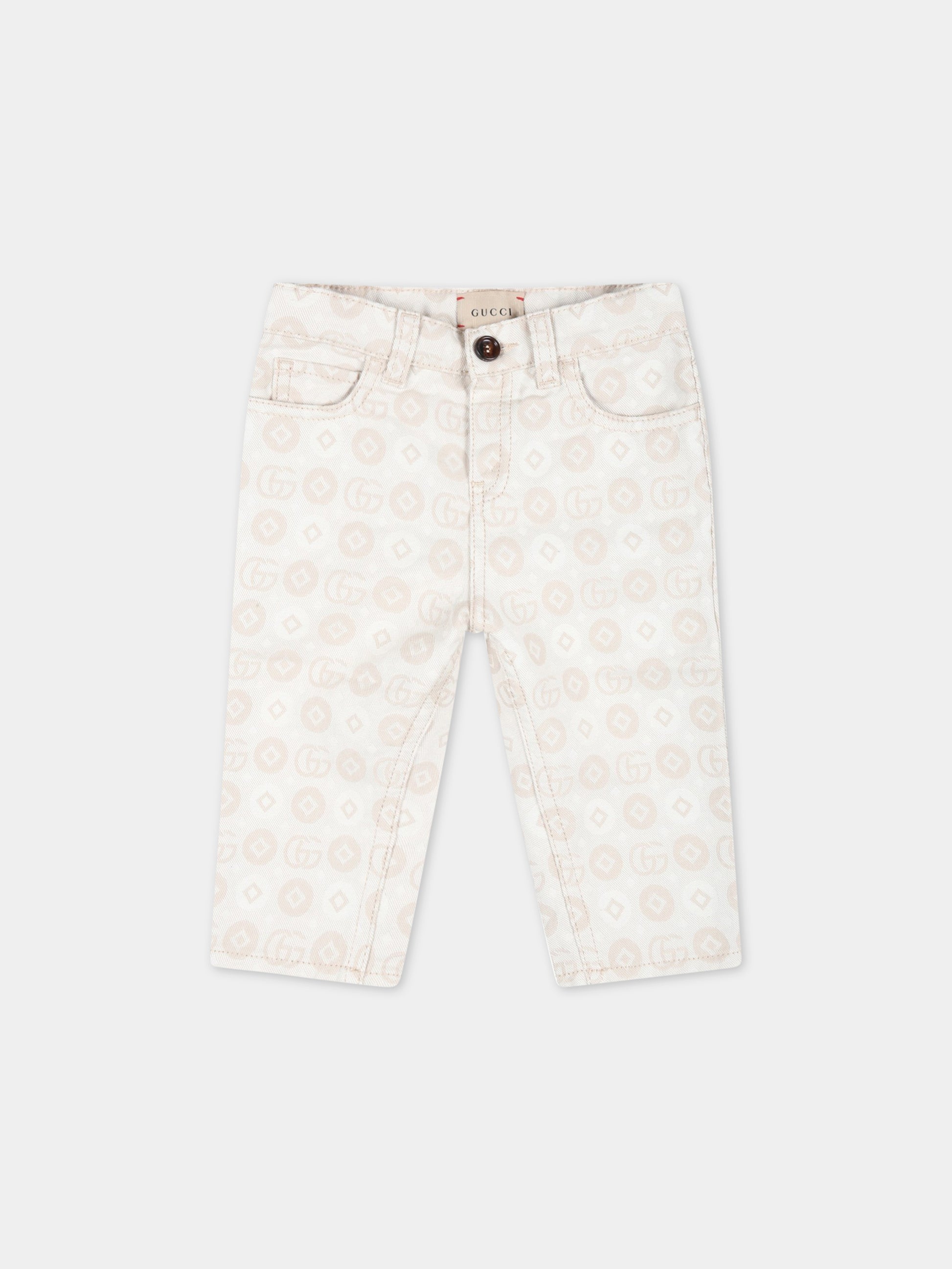 Jeans avorio per neonato con logo nero ricamato,Gucci Kids,712648 XDB74 9207