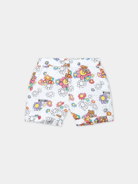 Shorts bianchi per neonata con fiori e Teddy Bear,Moschino Kids,MDQ008 S0Q08 84328