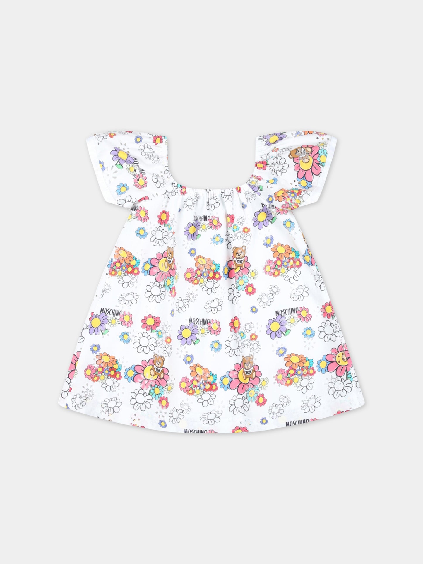 Vestito bianco per neonata con fiori e Teddy Bear,Moschino Kids,MAV094 S0Q08 84328