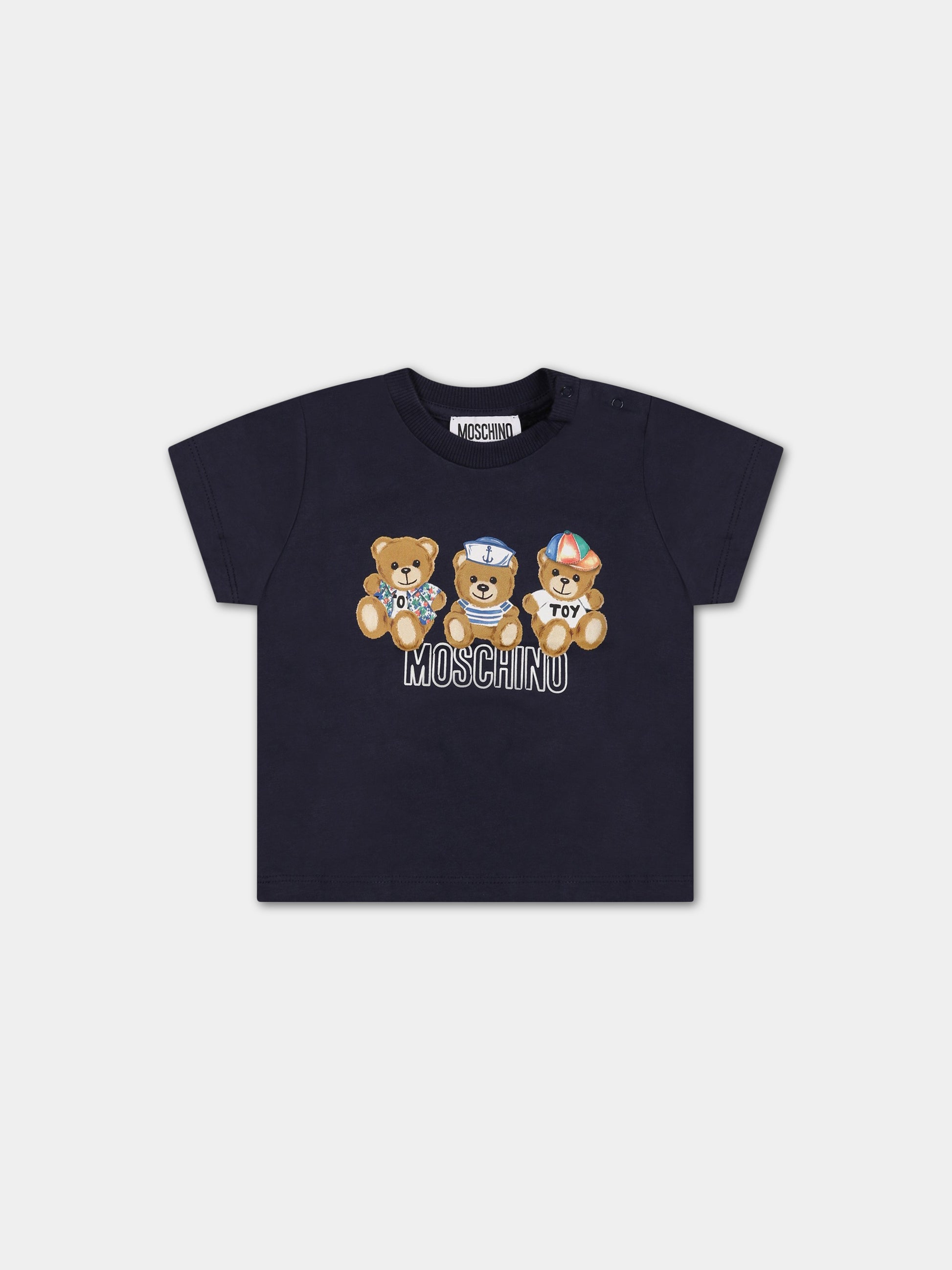 T-shirt blu per neonato con Teddy Bear e logo,Moschino Kids,MRM032 LAA02 40016