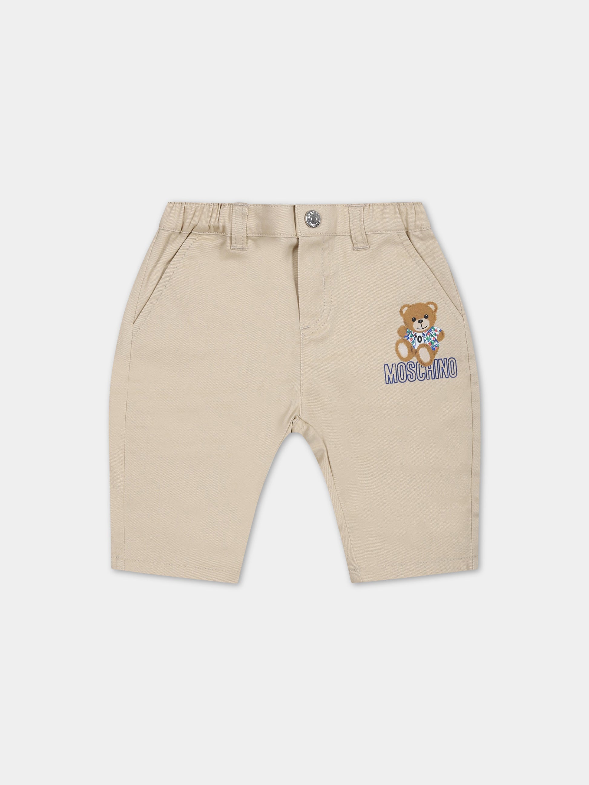 Pantaloni beige per neonato con Teddy Bear e logo,Moschino Kids,MUP04C LPC04 20310