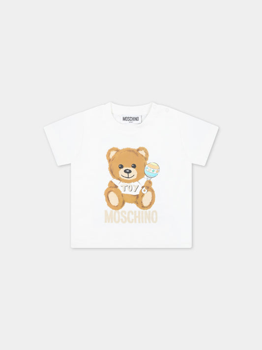 T-shirt bianca per neonati con Teddy Bear e logo,Moschino Kids,MOM032 LAA03 10063