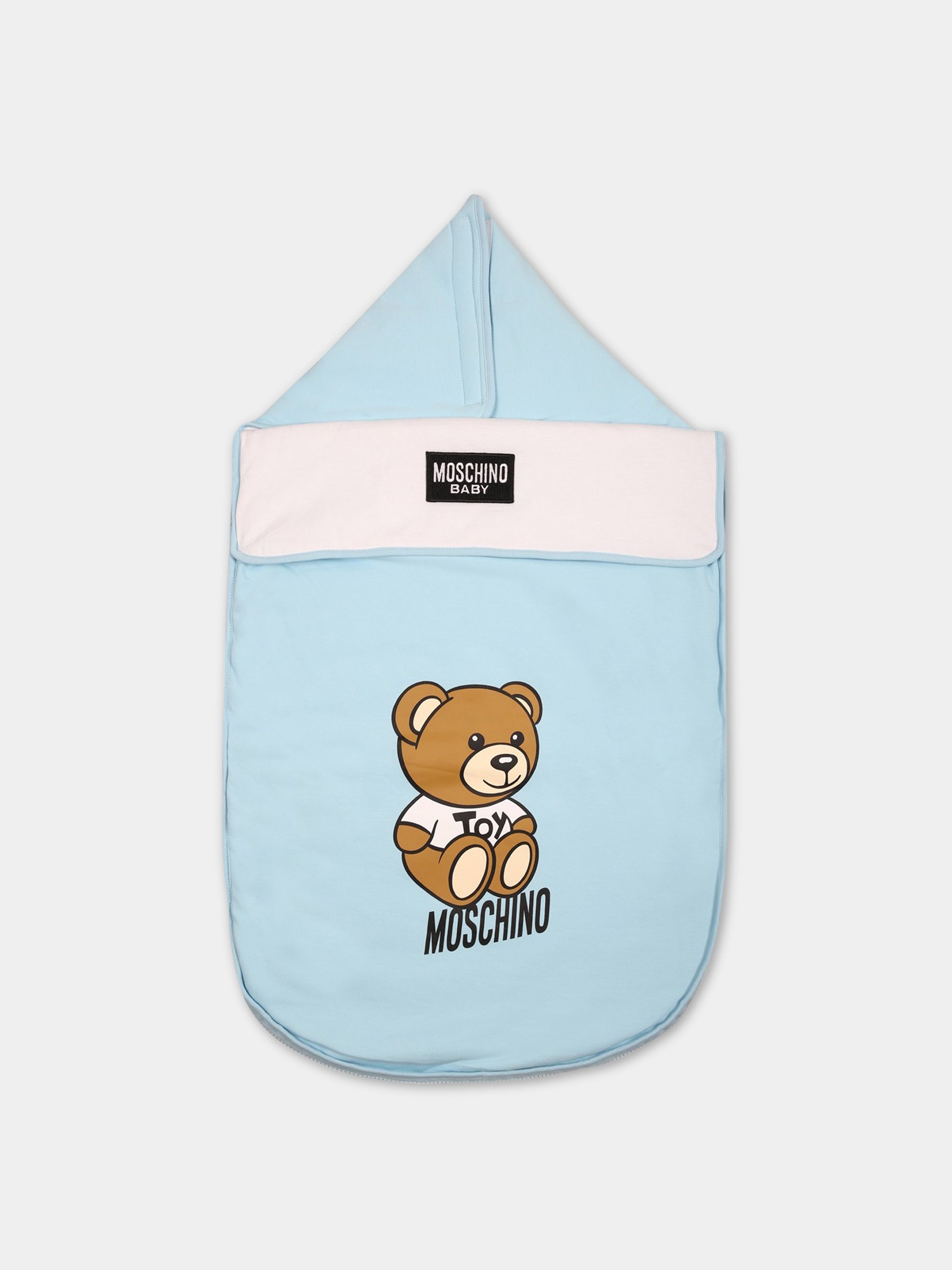 Sacco-nanna celeste per neonato con Teddy Bear e logo,Moschino Kids,M8E005 LDA25 40304