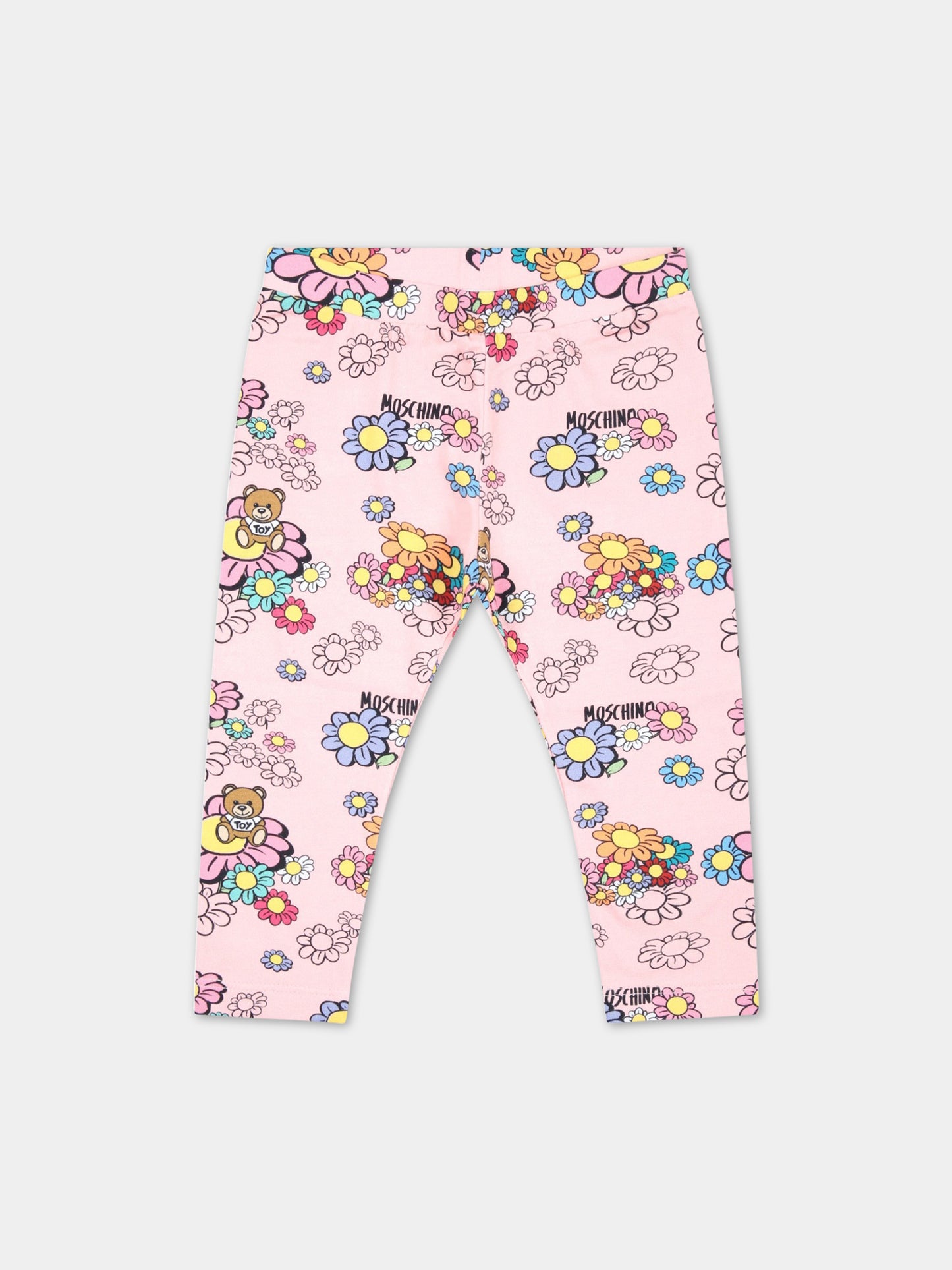 Leggings rosa per neonata con fiori e Teddy Bear,Moschino Kids,M0P02N LBC01 84619