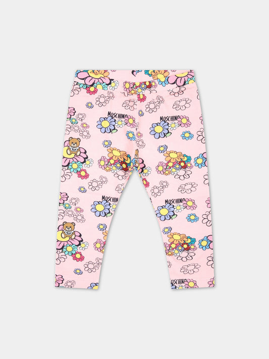Leggings rosa per neonata con fiori e Teddy Bear,Moschino Kids,M0P02N LBC01 84619