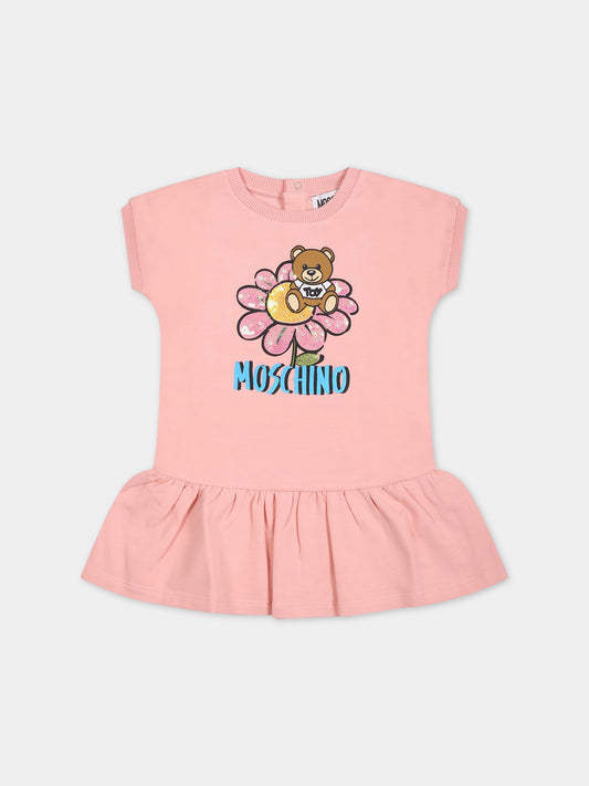 Vestito rosa per neonata con Teddy Bear e fiore,Moschino Kids,MEV06U LDA12 50209