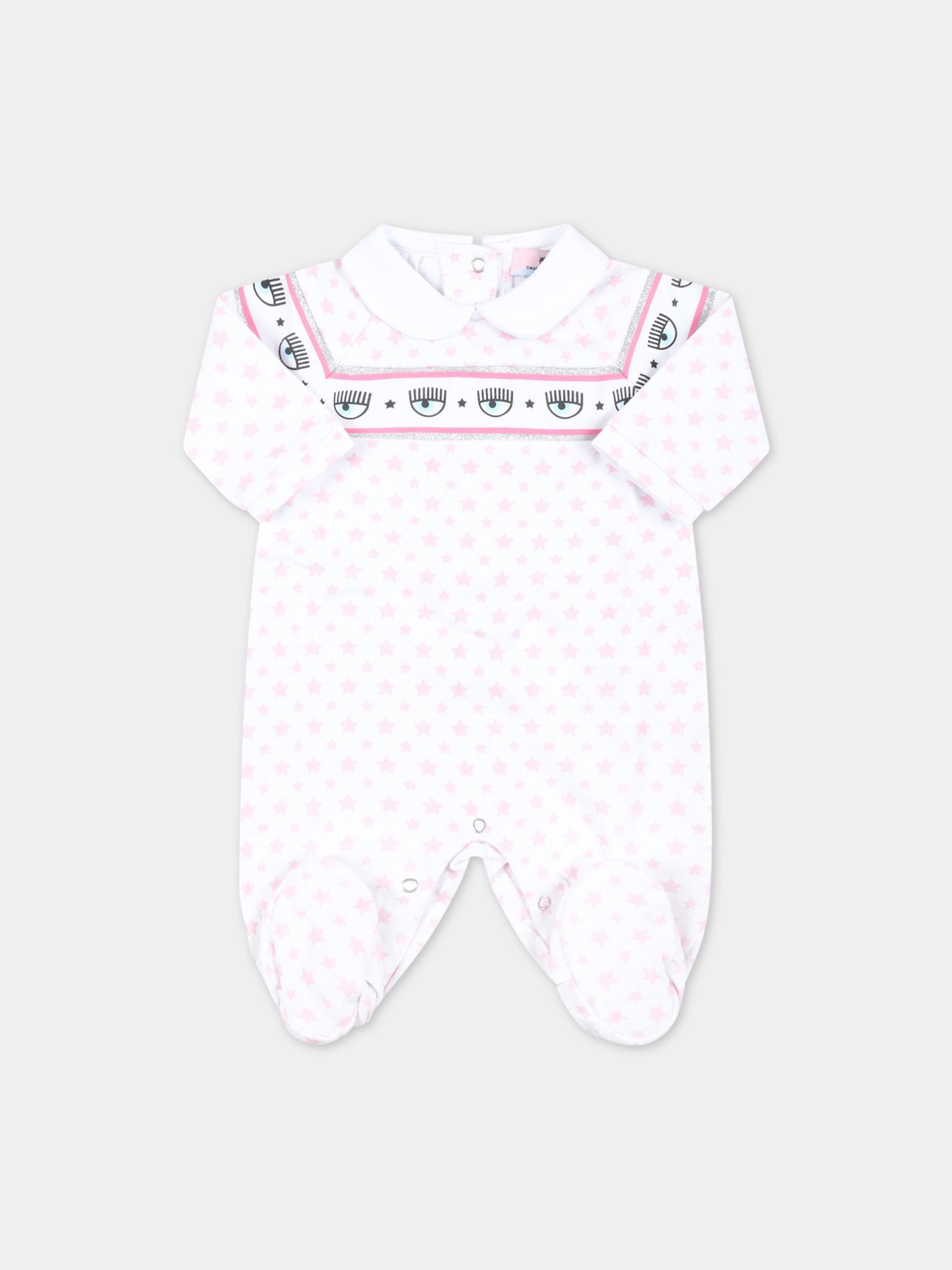 Tutina bianca per neonata con stelle rosa,Chiara Ferragni Collection,55A201 1001 9990
