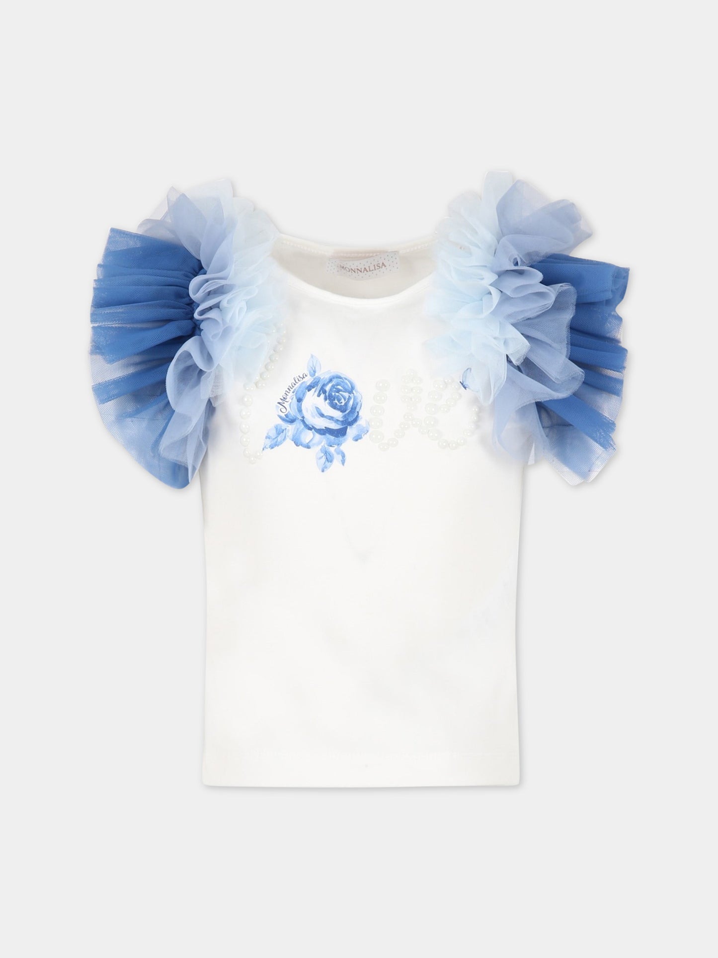 T-shirt bianca per bambina con logo e fiore,Monnalisa,71A604 1201 0152