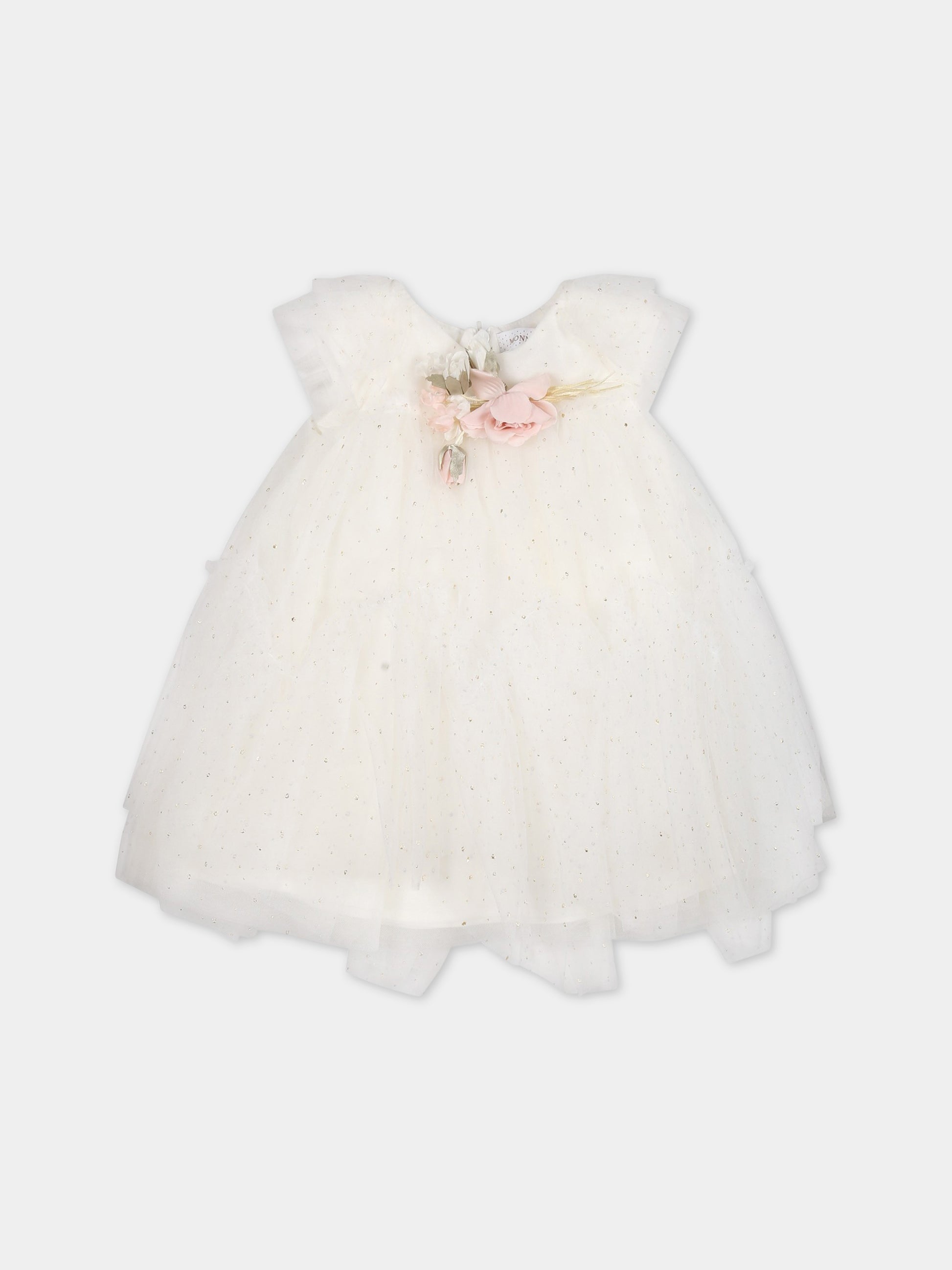Vestito avorio per neonata con fiori,Monnalisa,73A902 1908 0170