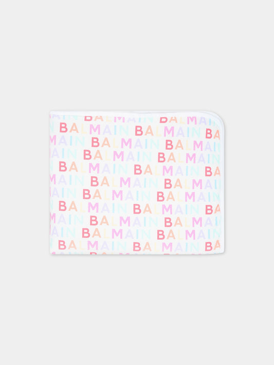 Coperta bianca per neonata con logo multicolor,Balmain Kids,BS0510-Z0057 999