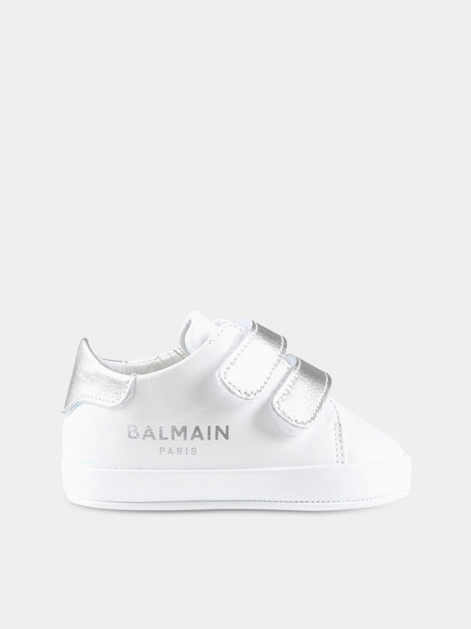 Sneakers bianche da culla per neonato con logo argentato,Balmain Kids,BS0586 Y0051 100AG