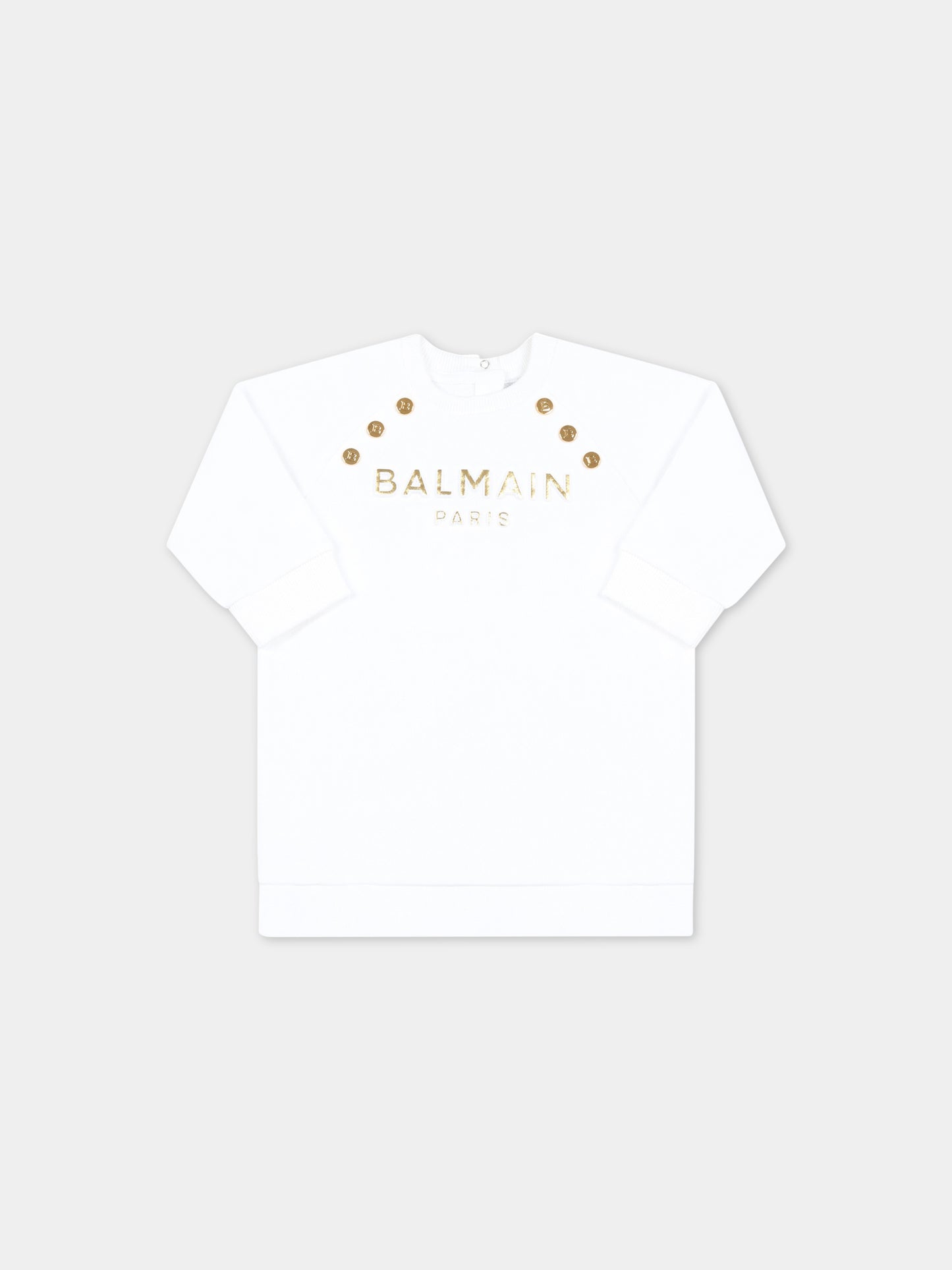 Vestito bianco per neonata con logo dorato,Balmain Kids,BS1000 Z0001 100OR