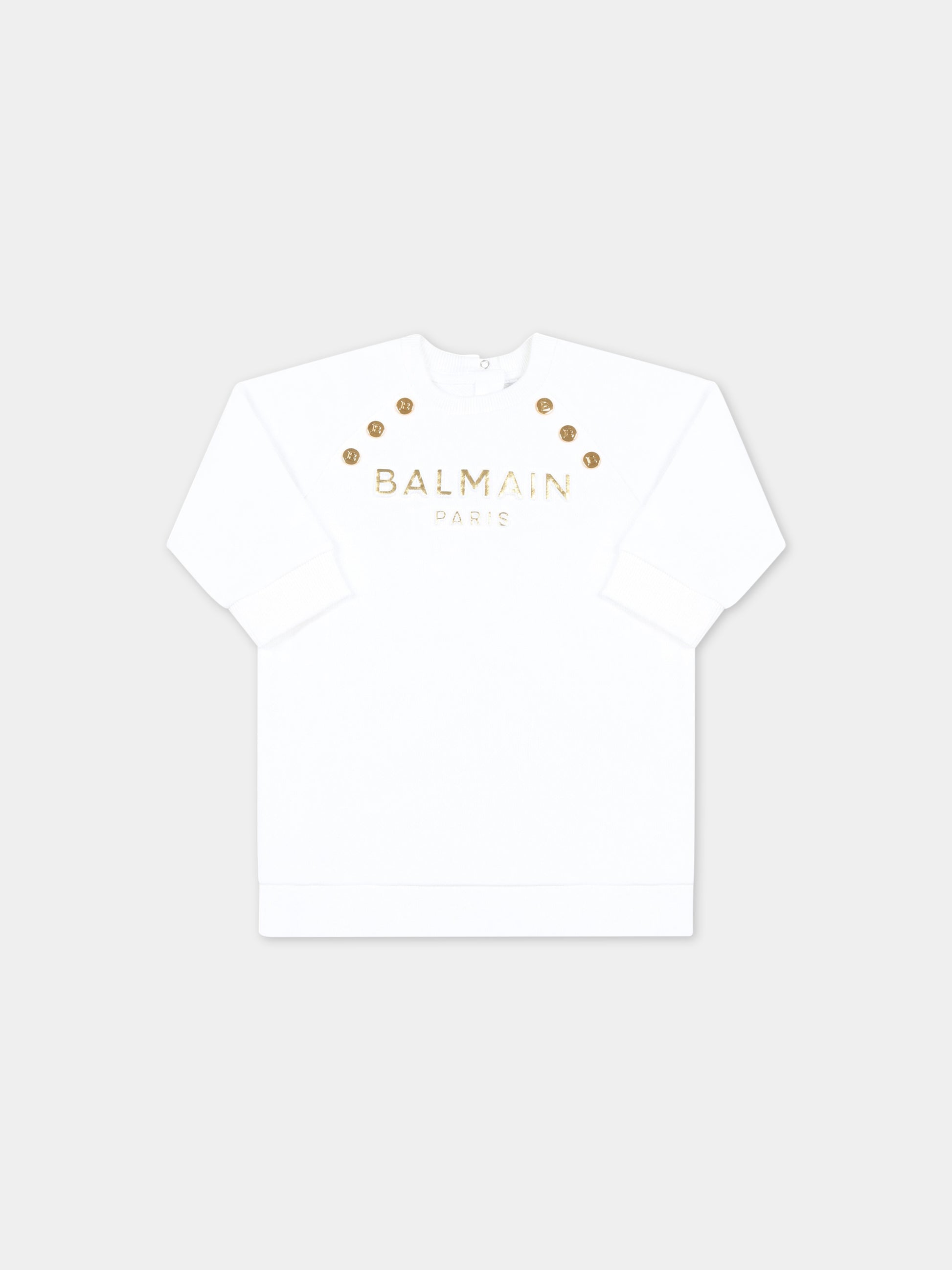 Vestito bianco per neonata con logo dorato,Balmain Kids,BS1000 Z0001 100OR
