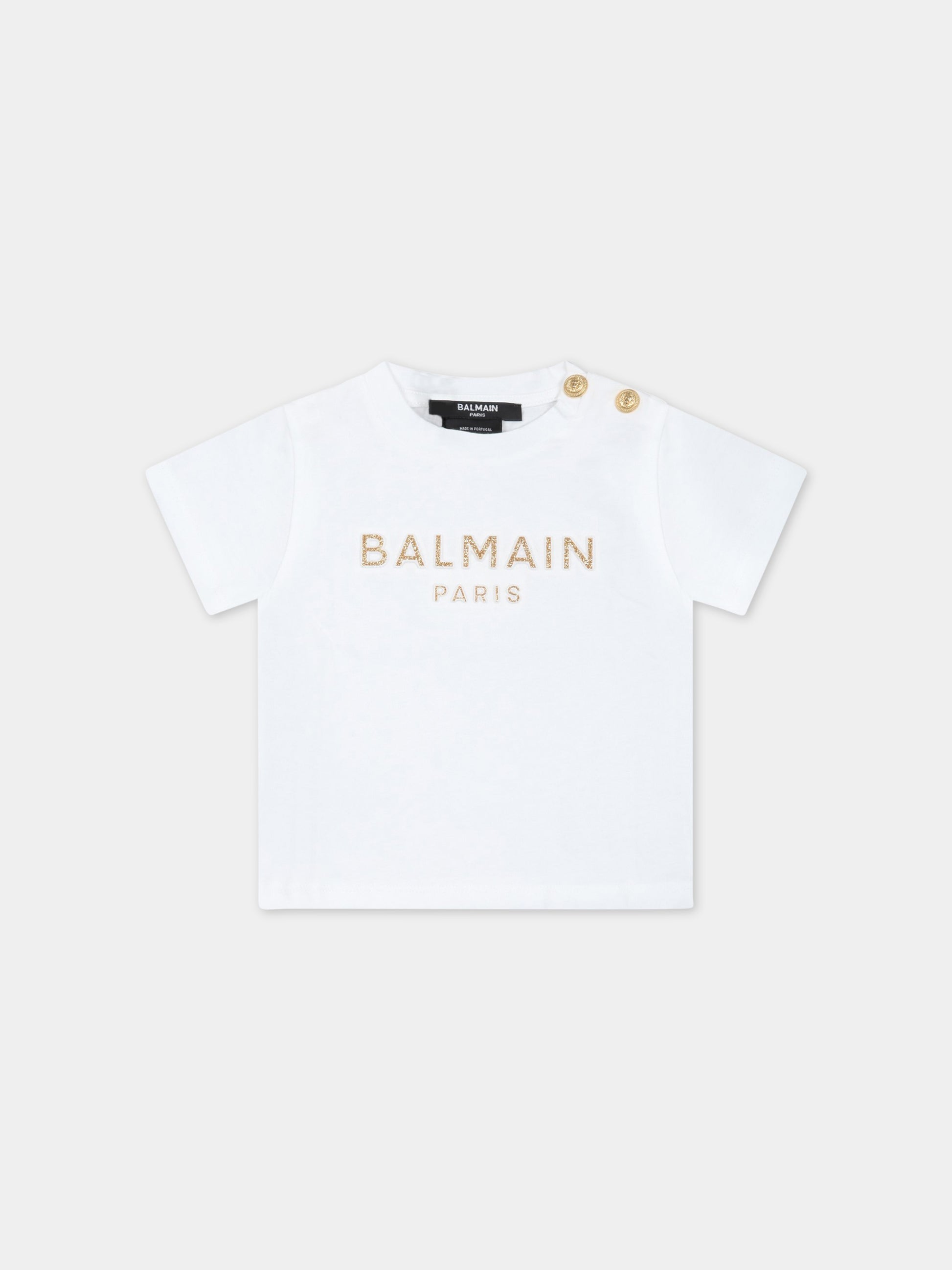 T-shirt bianca per bambini con logo dorato in rilievo,Balmain Kids,BS8001 Z0057 100OR
