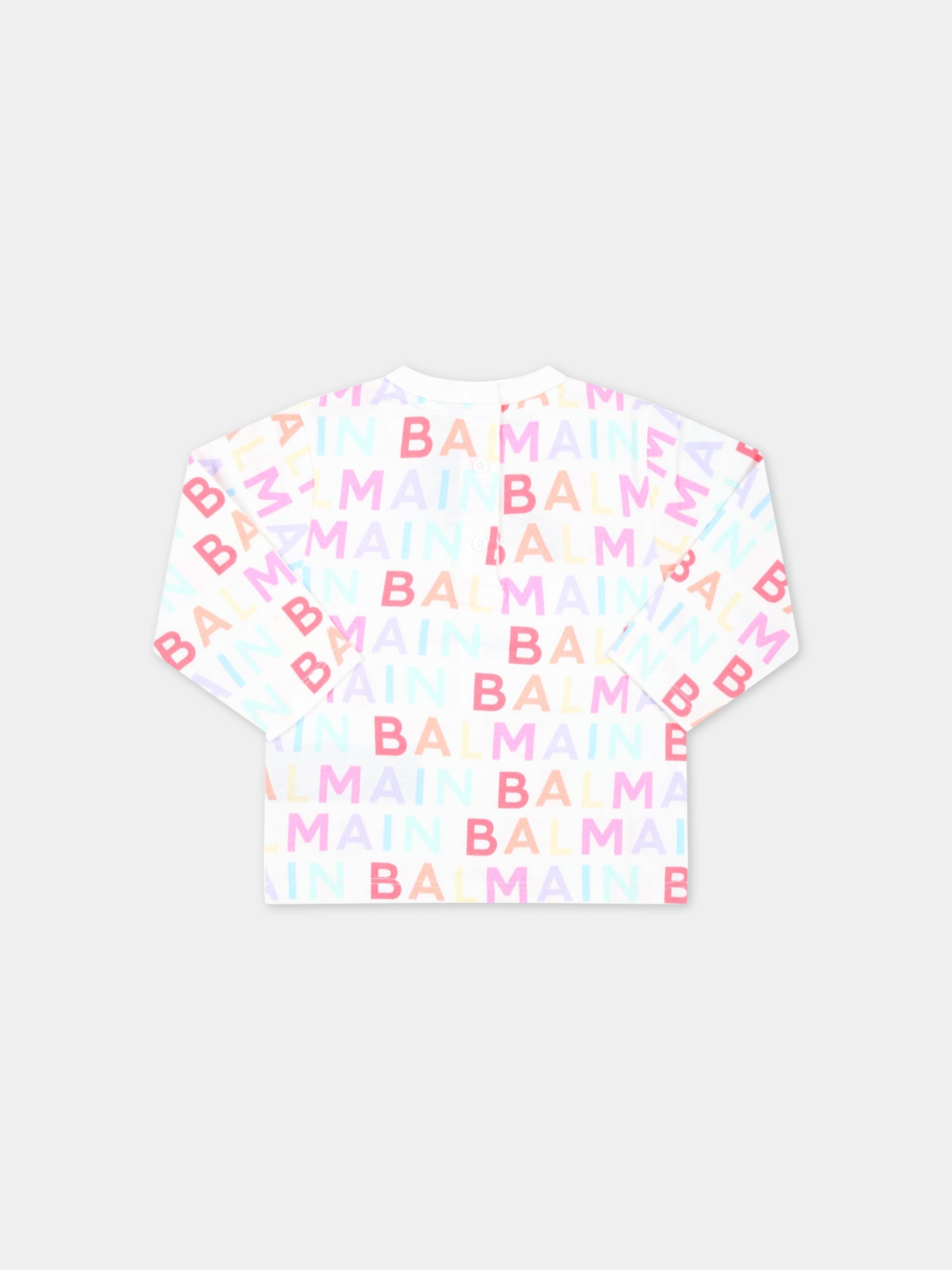T-shirt bianca per neonata con logo multicolor,Balmain Kids,BS8520 Z0057 999