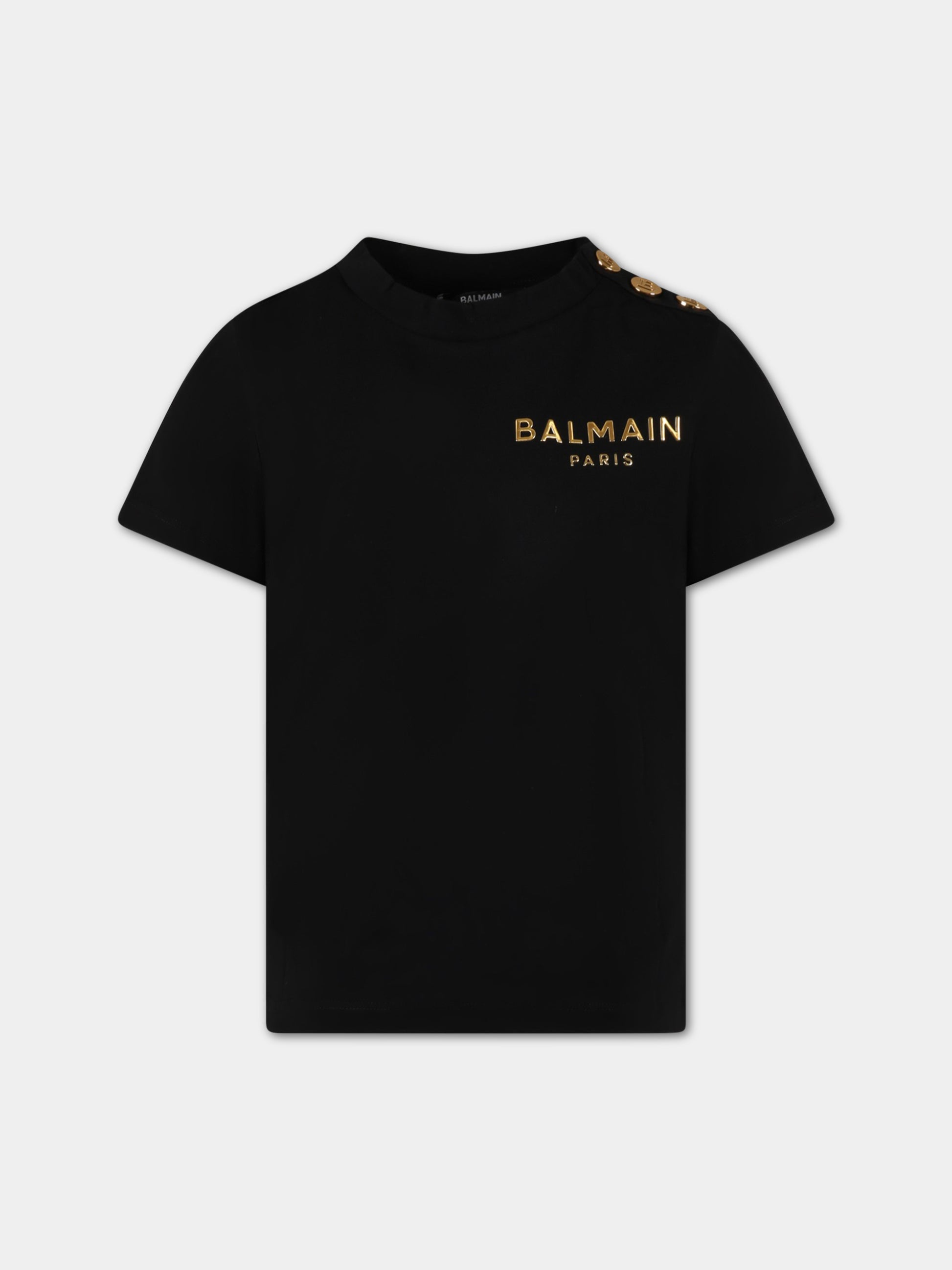 T-shirt nera per bambini con logo dorato in rilievo,Balmain Kids,BS8A71 Z0082 930OR