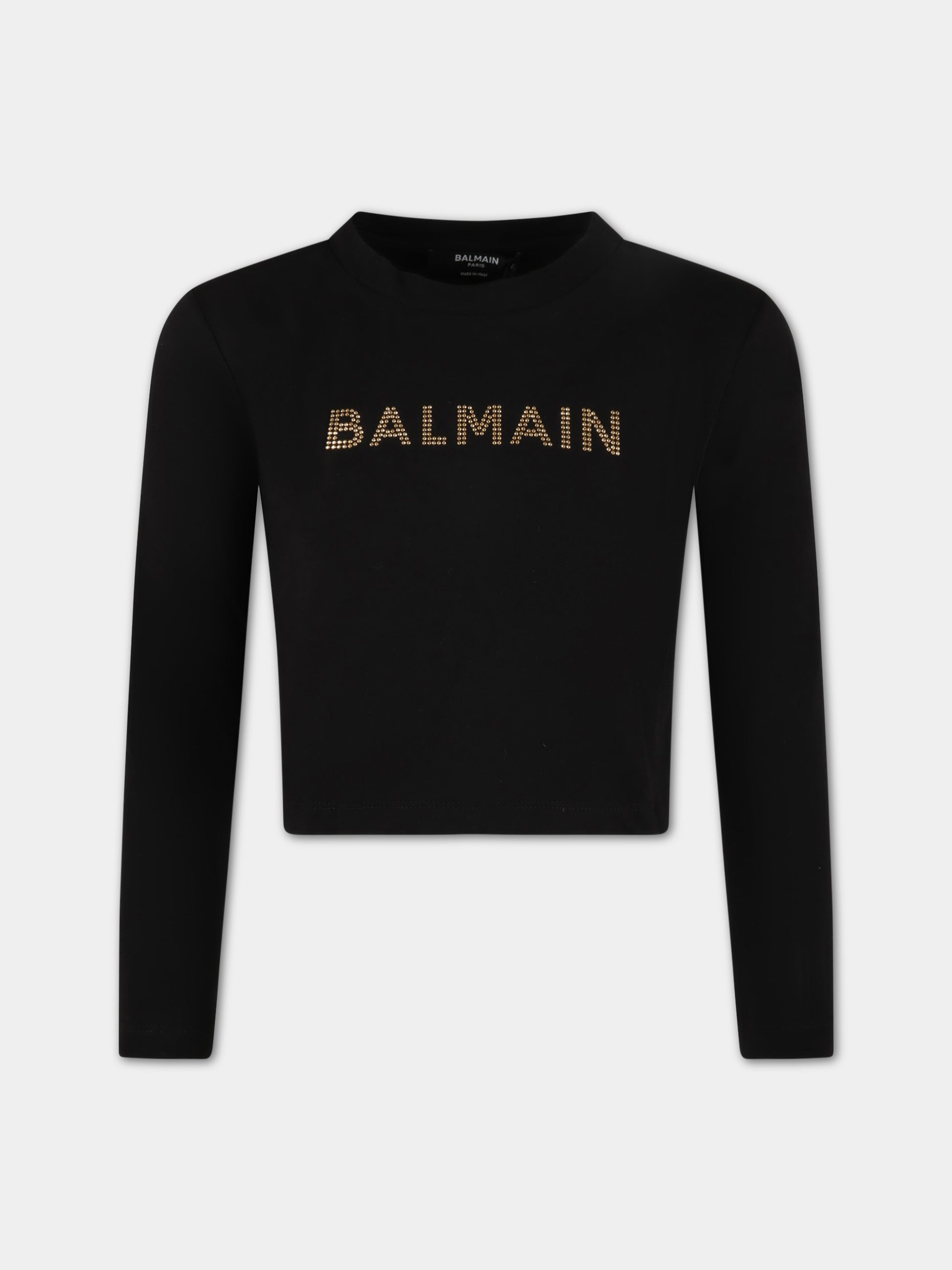 T-shirt nera corta per bambina con logo dorato,Balmain Kids,BS8A80 J0177 930OR