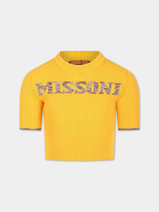 Maglione giallo per bambina con logo multicolor ricamato,Missoni,MS9A11 X0007 206