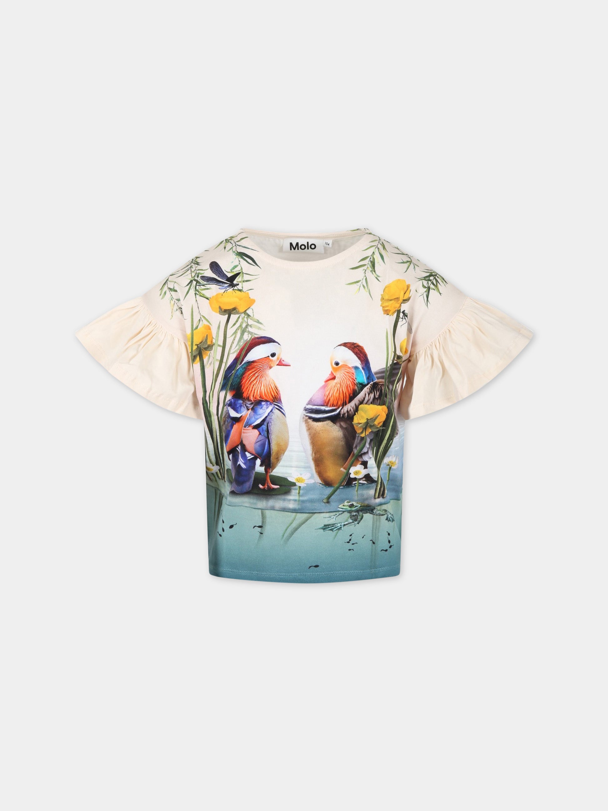 T-shirt avorio per bambina con uccelli e patch logato,Molo,2S23A214 7974