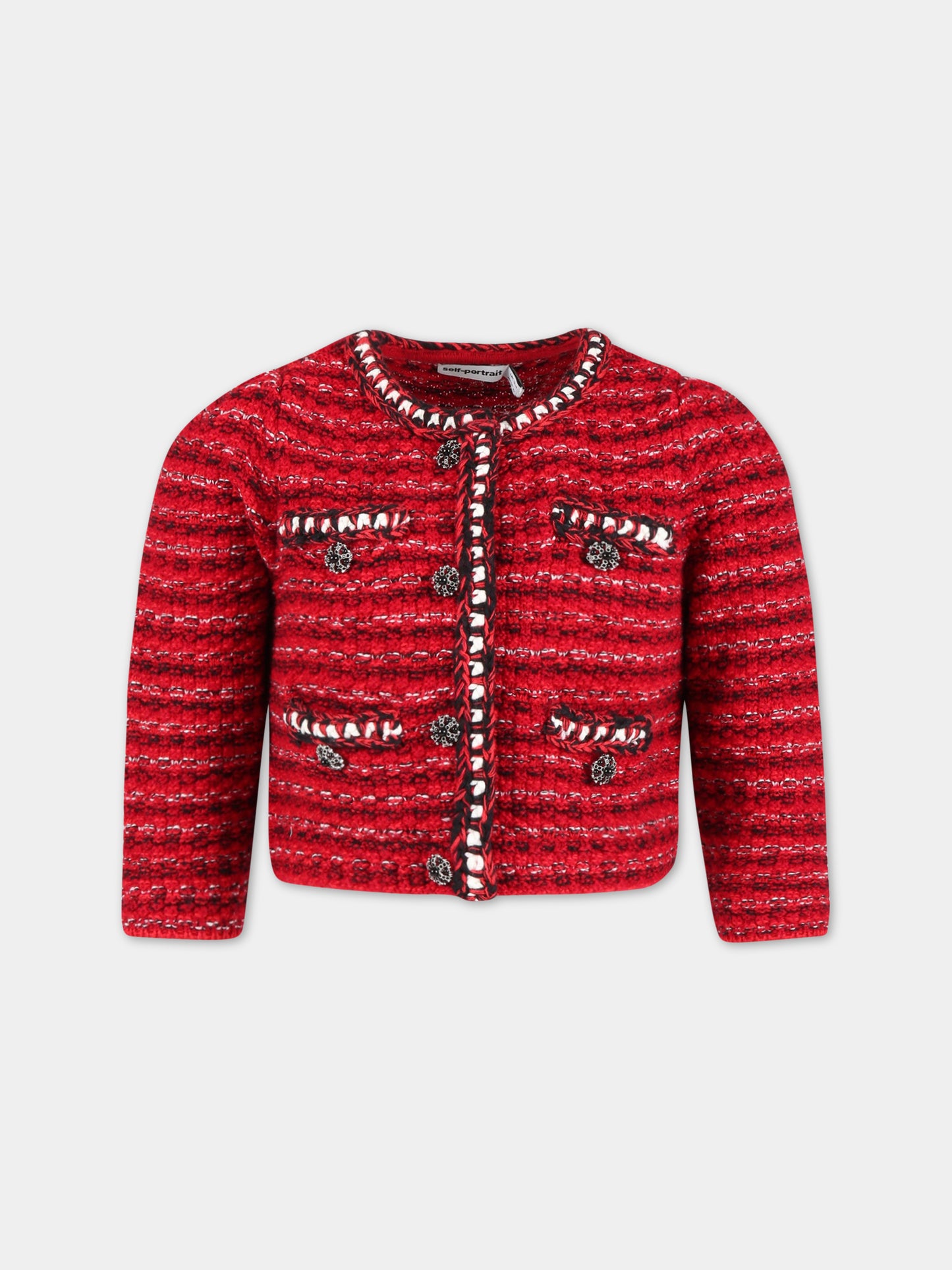 Cardigan rosso per bambina con bottoni argentati,Self-portrait,RS23 708J R 22458559