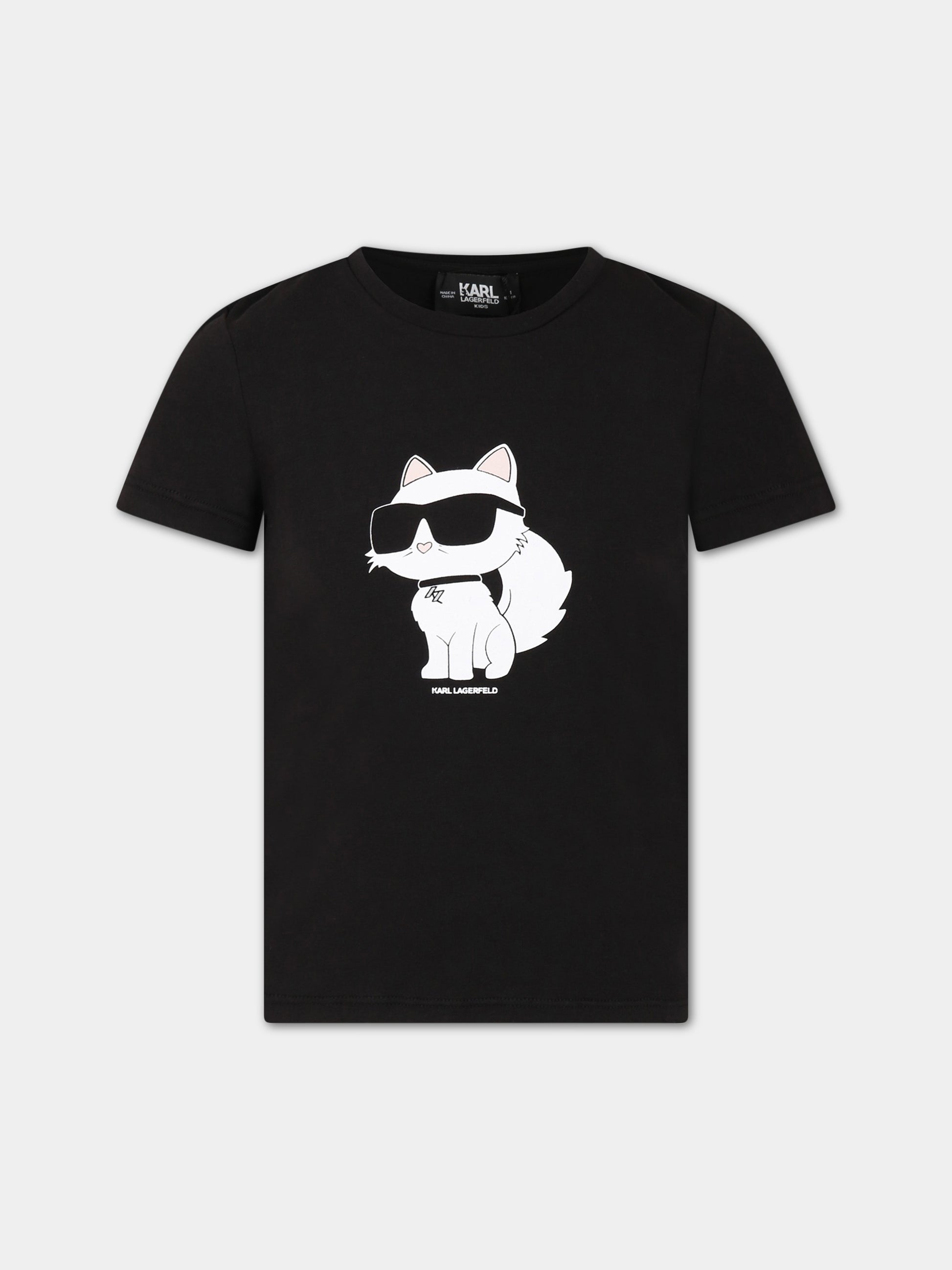 T-shirt nera per bambina con stampa e logo,Karl Lagerfeld Kids,Z15416 09B