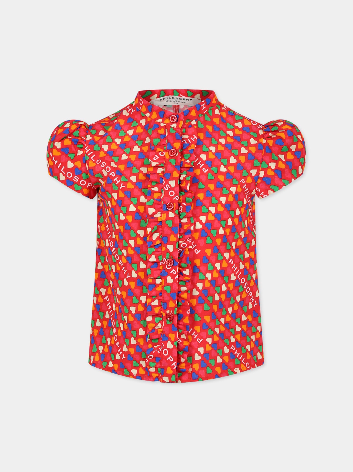 Camicia rossa per bambina con cuori e logo,Philosophy,PJCA136 GA111 3002