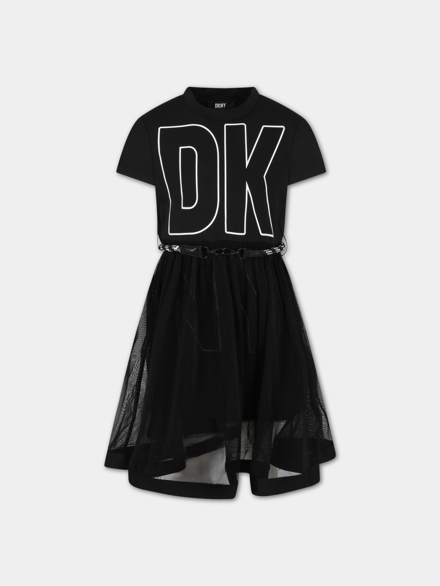 Vestito nero per bambina con logo bianco,Dkny,D32867 09B