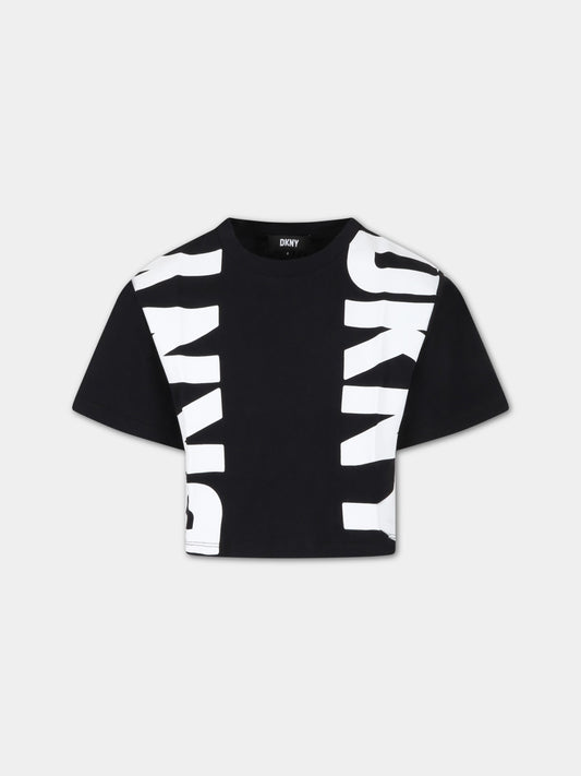 T-shirt nera per bambina con logo bianco,Dkny,D35S75 09B