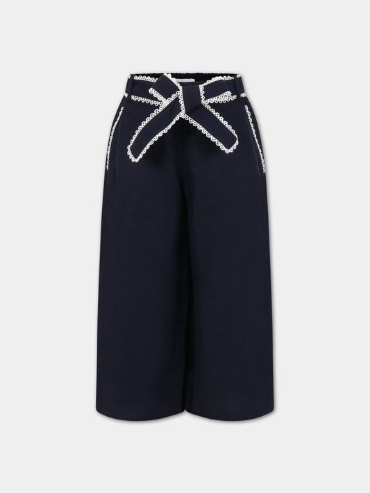 Pantaloni blu per bambina con dettagli smerlati,Chloé Kids,C14726 859