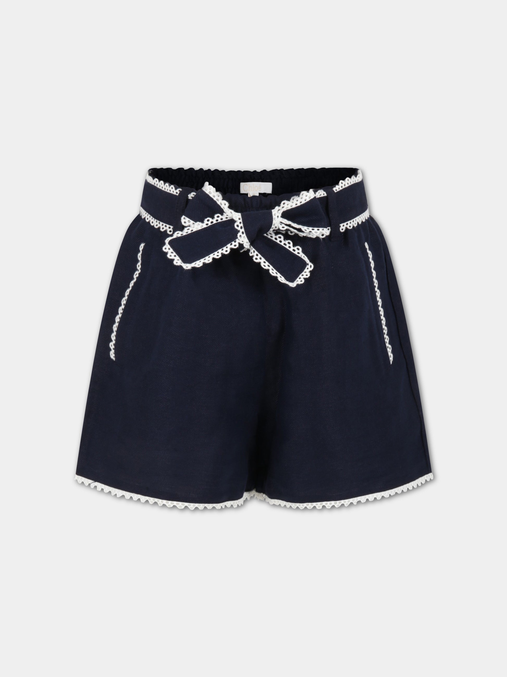Shorts blu per bambina con dettagli smerlati,Chloé Kids,C14738 859